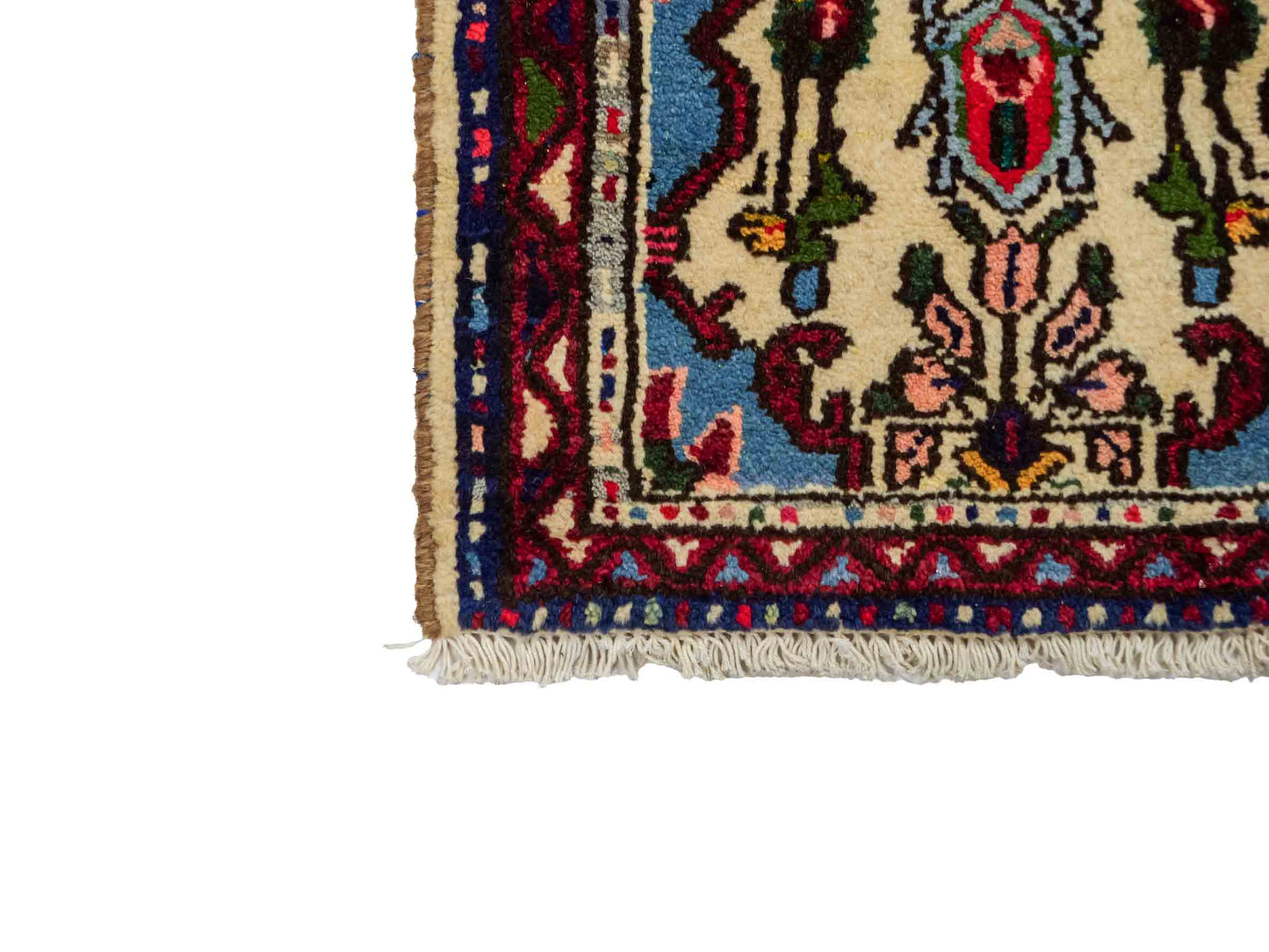 Handgeknüpfter, persischer Hamedan Dorfteppich aus Wolle von Khademi. Größe: 73 x 53 cm. Farbe: Cremeweiß, blau, rot. Verkauf durch JUPITER Intl.