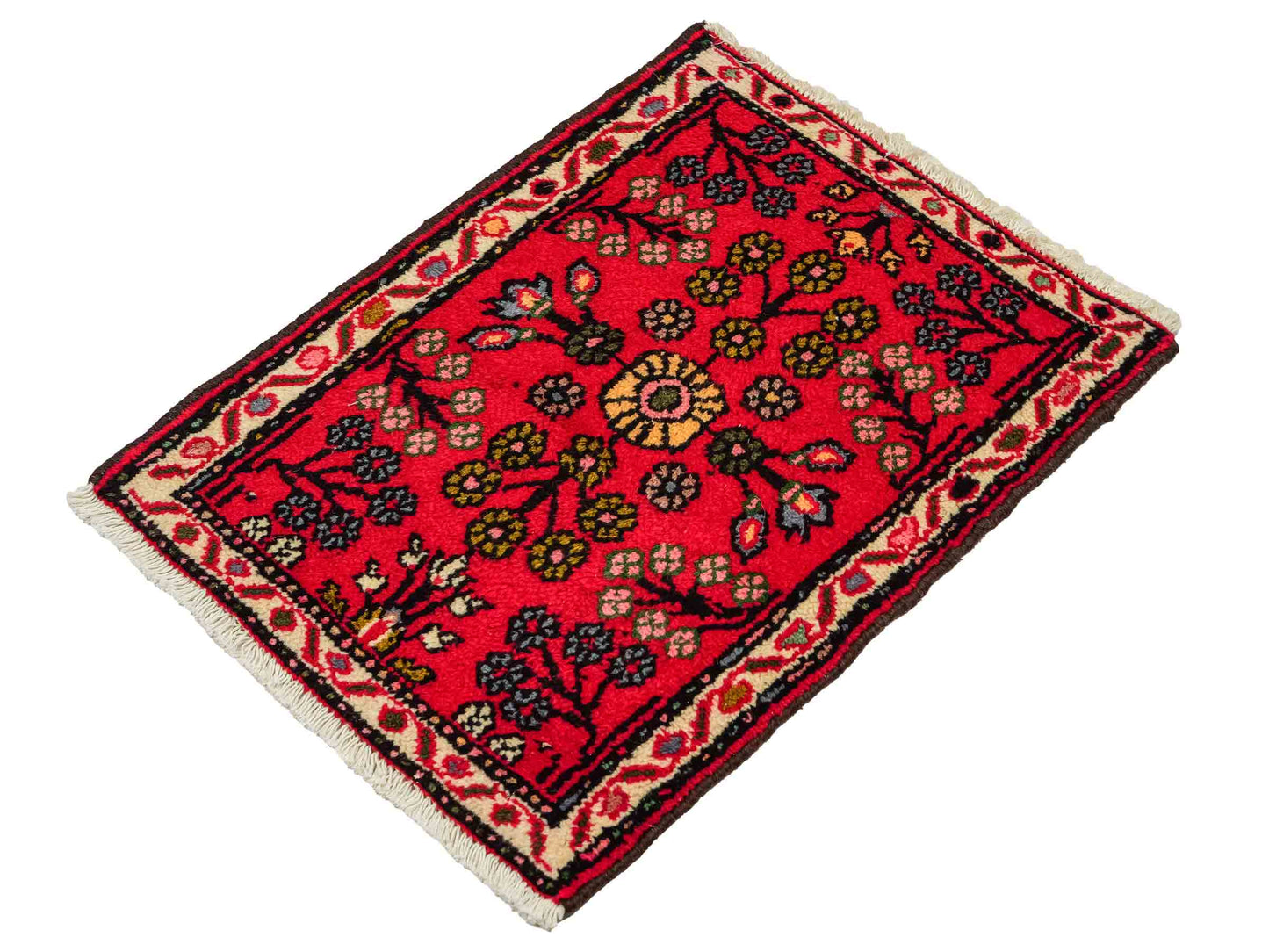 Handgeknüpfter, persischer Hamedan Dorfteppich aus Wolle von Khademi. Größe: 73 x 54 cm. Farbe: Rot. Verkauf durch JUPITER Intl.