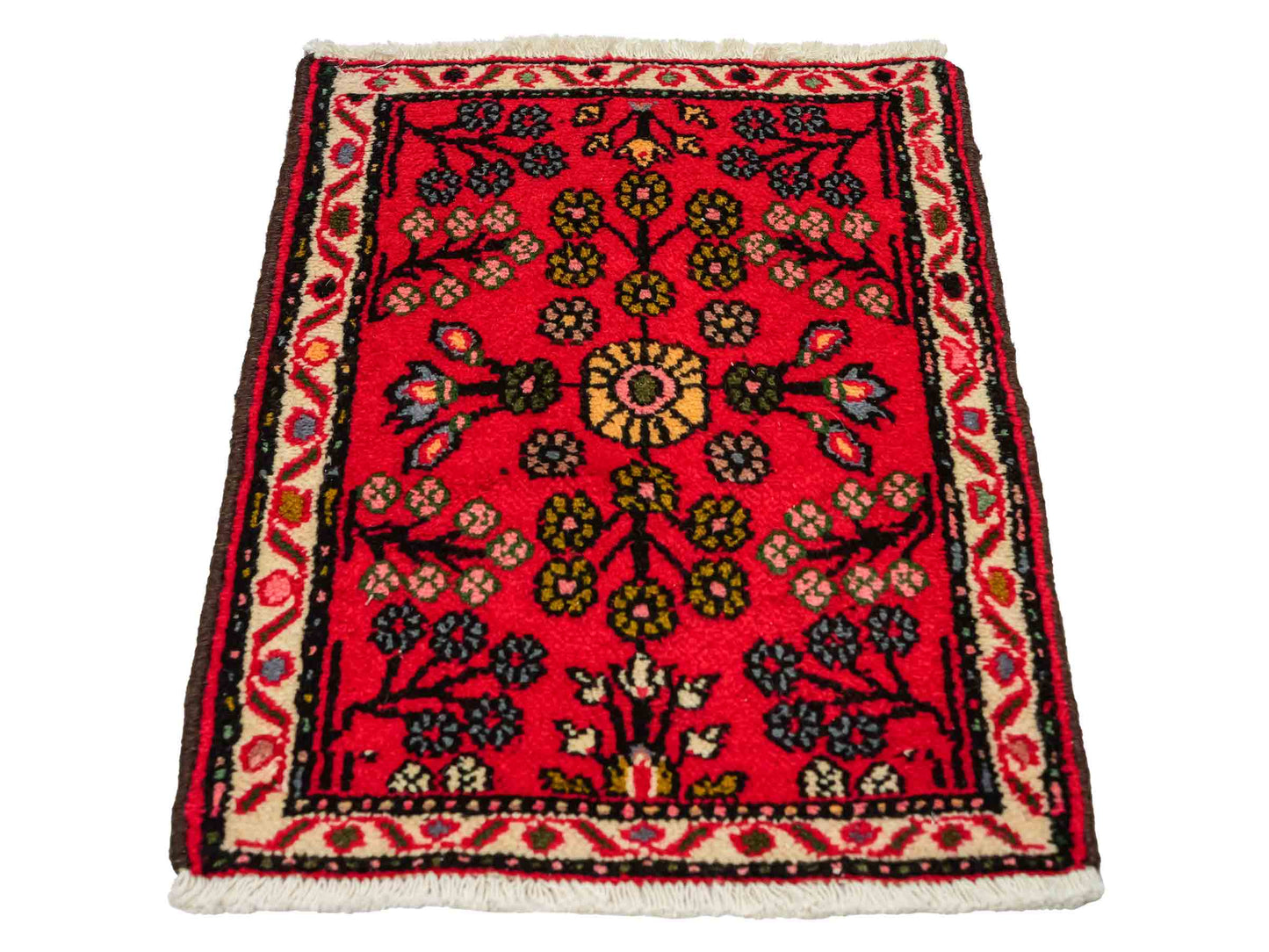 Handgeknüpfter, persischer Hamedan Dorfteppich aus Wolle von Khademi. Größe: 73 x 54 cm. Farbe: Rot. Verkauf durch JUPITER Intl.