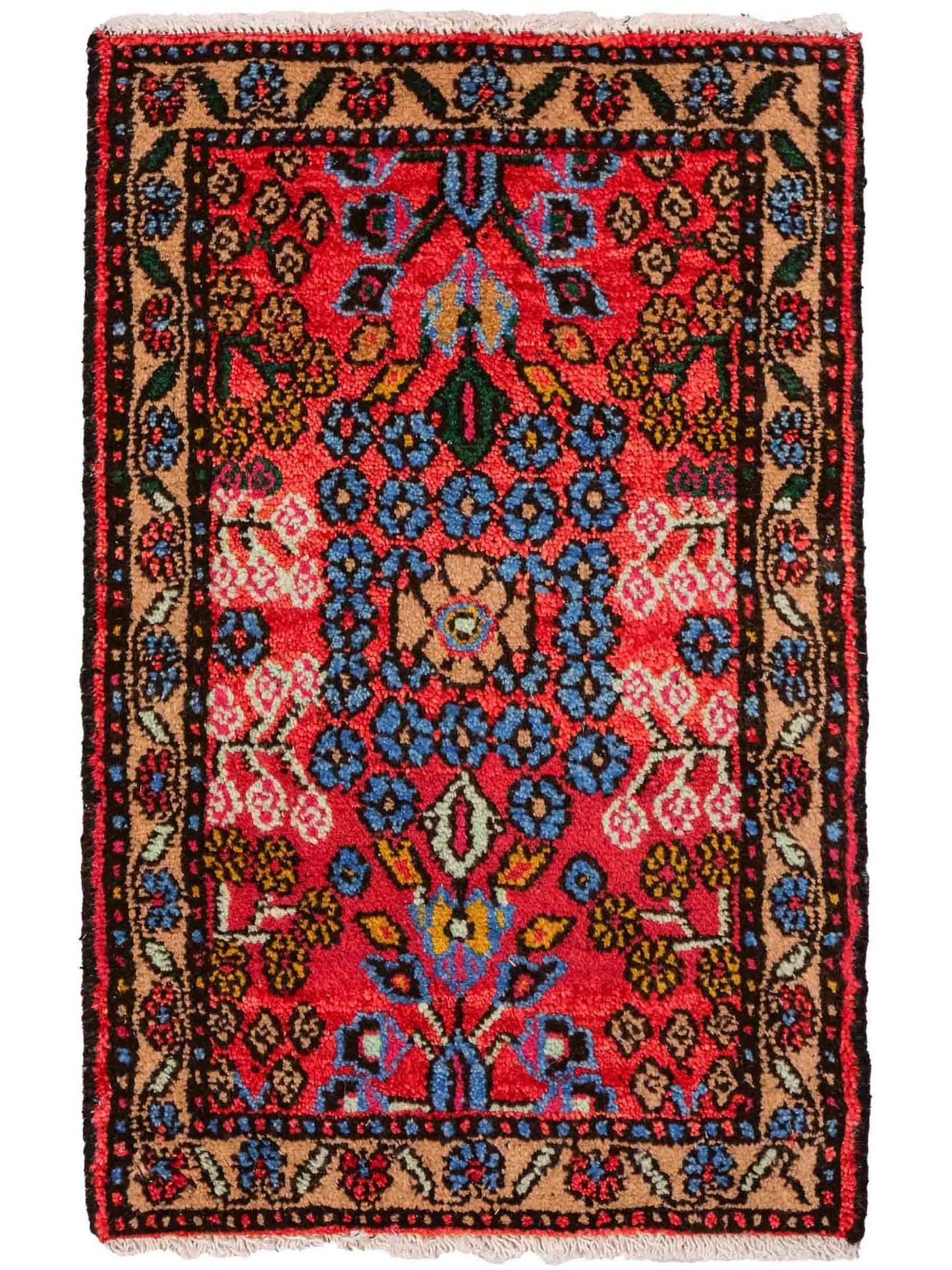 Handgeknüpfter, persischer Hamedan Dorfteppich aus Wolle von Khademi. Größe: 75 x 50 cm. Farbe: Rot. Verkauf durch JUPITER Intl.
