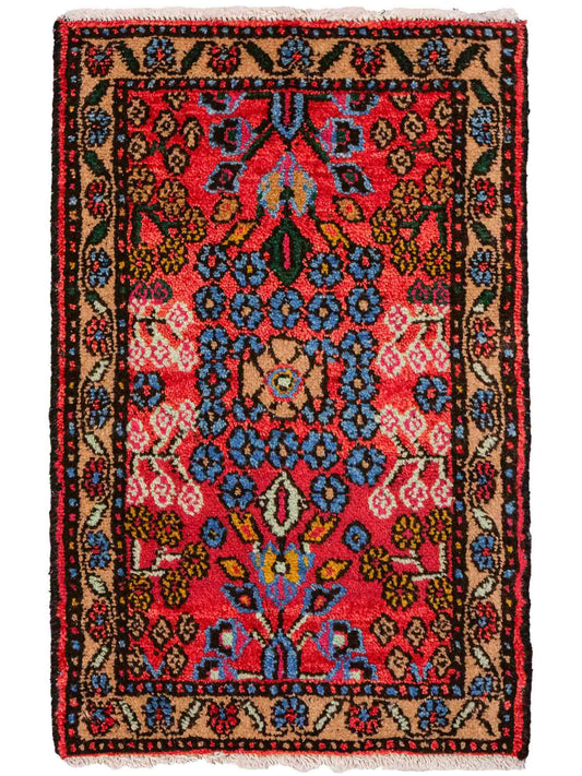 Handgeknüpfter, persischer Hamedan Dorfteppich aus Wolle von Khademi. Größe: 75 x 50 cm. Farbe: Rot. Verkauf durch JUPITER Intl.