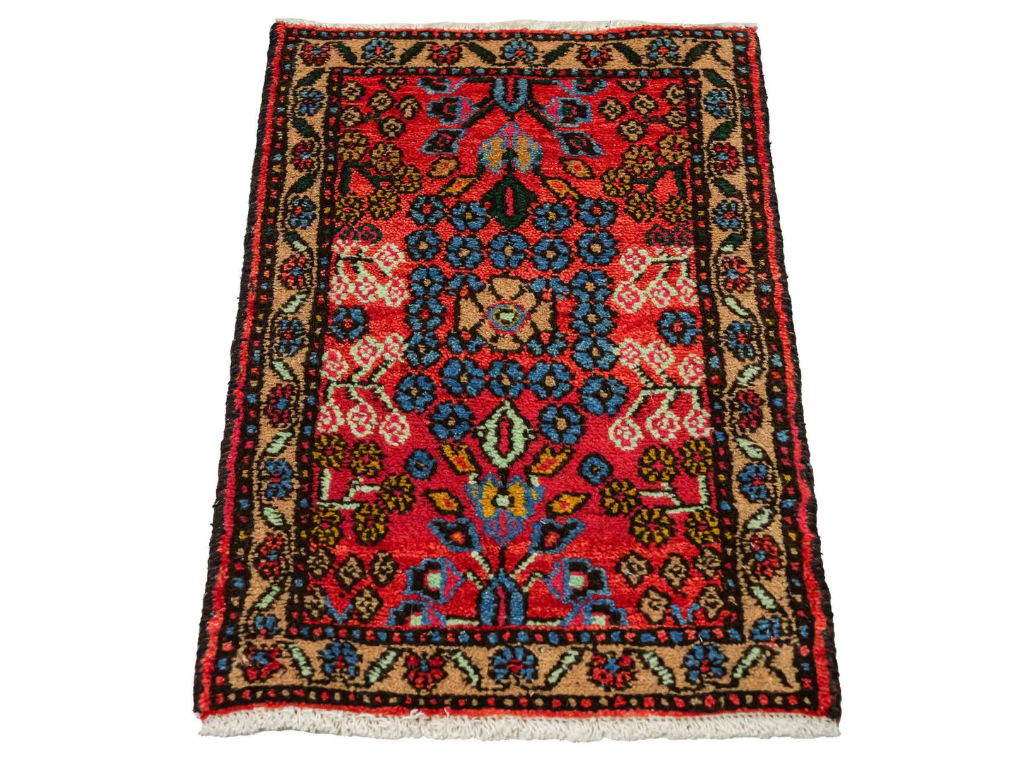 Handgeknüpfter, persischer Hamedan Dorfteppich aus Wolle von Khademi. Größe: 75 x 50 cm. Farbe: Rot. Verkauf durch JUPITER Intl.