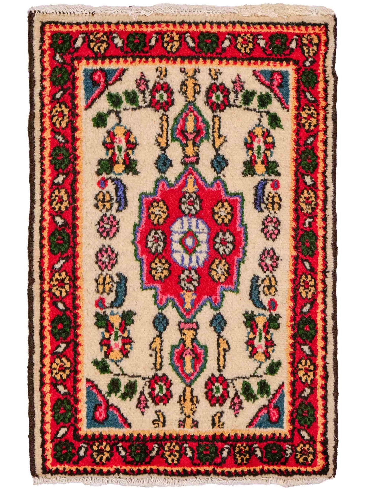 Handgeknüpfter, persischer Hamedan Dorfteppich aus Wolle von Khademi. Größe: 75 x 53 cm. Farbe: Cremeweiß, rot. Verkauf durch JUPITER Intl.