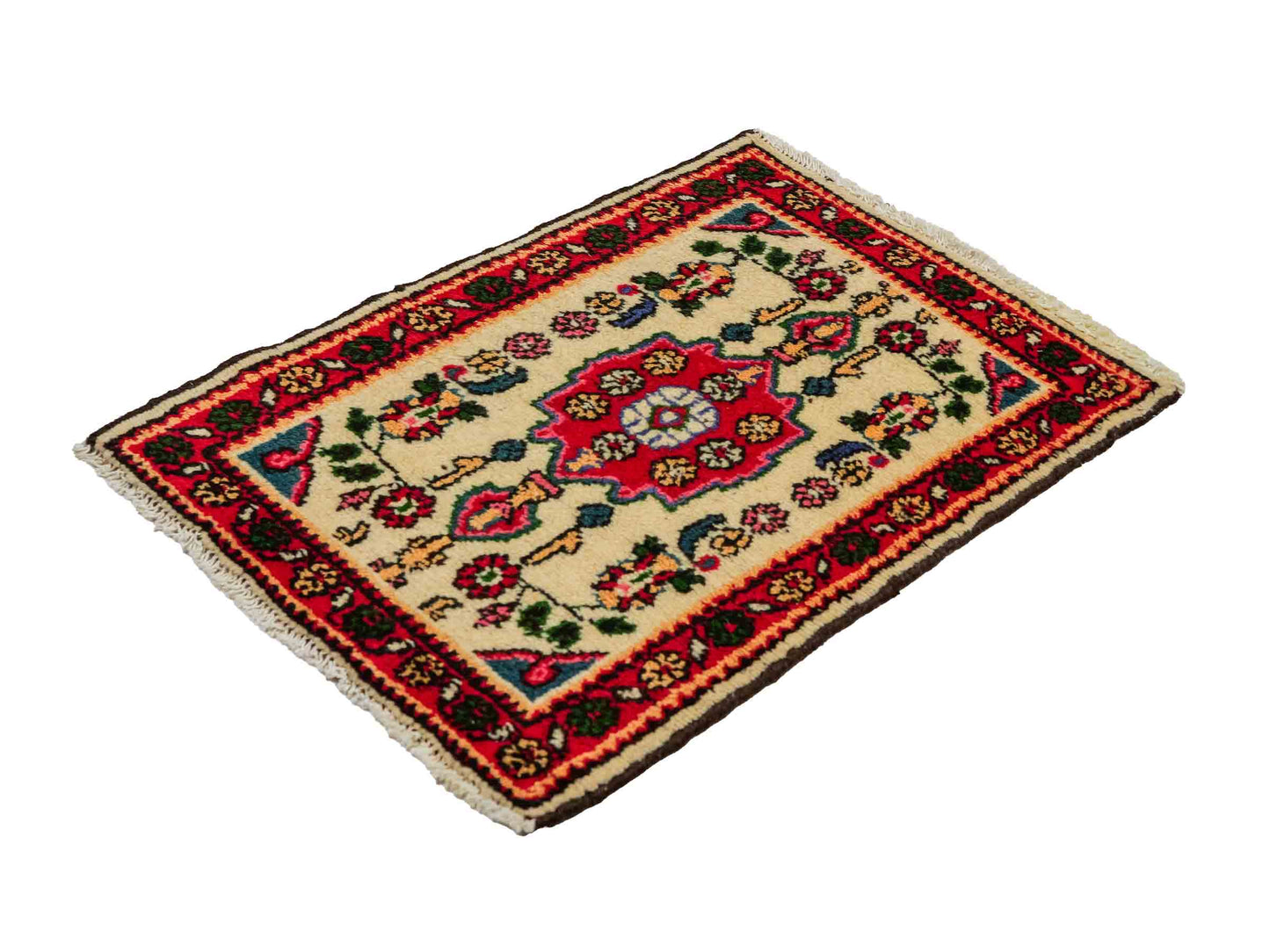 Handgeknüpfter, persischer Hamedan Dorfteppich aus Wolle von Khademi. Größe: 75 x 53 cm. Farbe: Cremeweiß, rot. Verkauf durch JUPITER Intl.