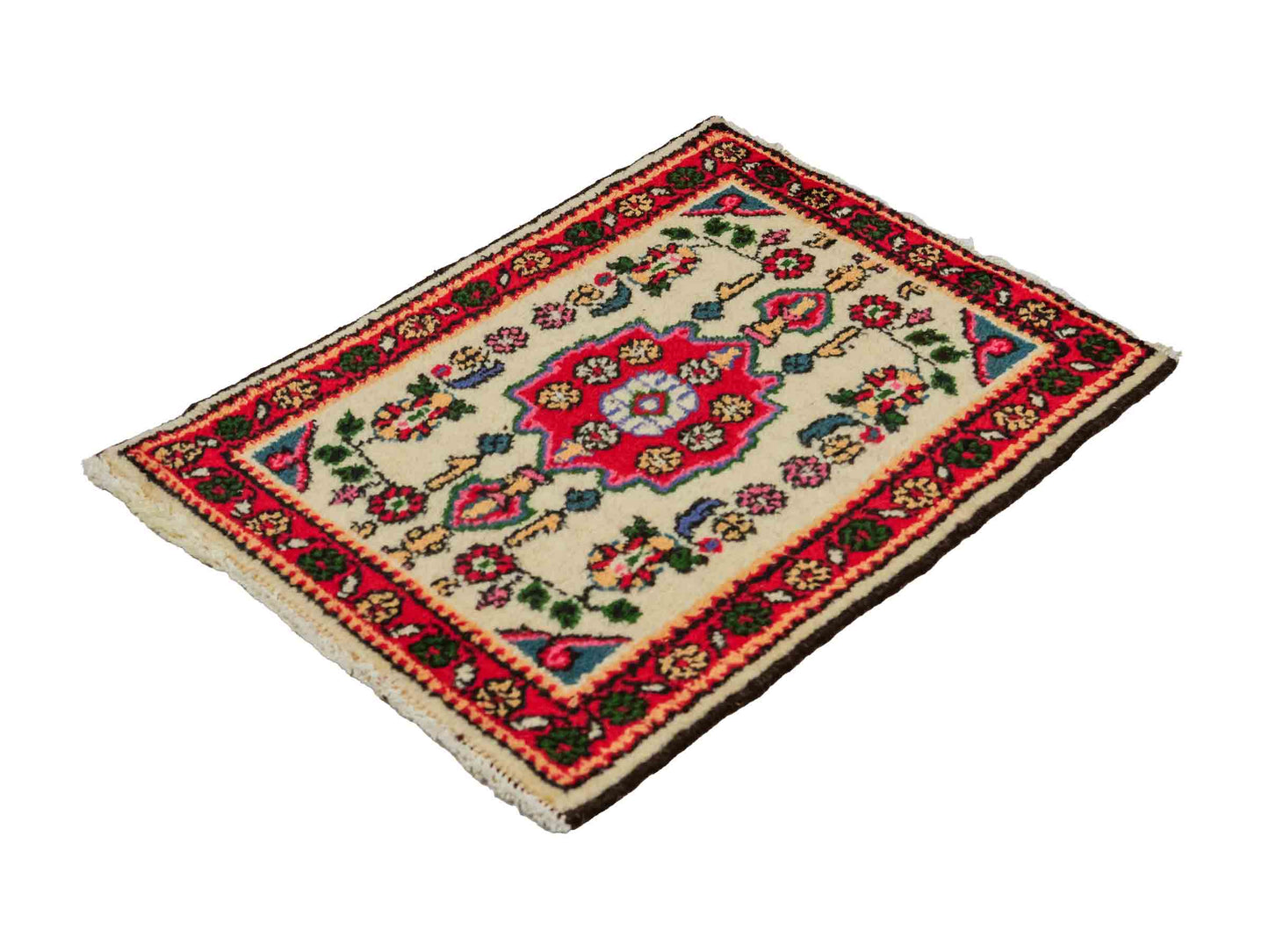 Handgeknüpfter, persischer Hamedan Dorfteppich aus Wolle von Khademi. Größe: 75 x 53 cm. Farbe: Cremeweiß, rot. Verkauf durch JUPITER Intl.
