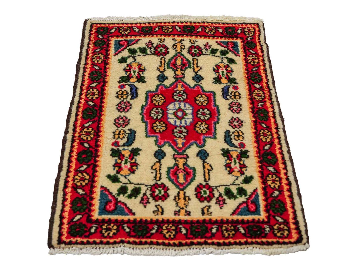 Handgeknüpfter, persischer Hamedan Dorfteppich aus Wolle von Khademi. Größe: 75 x 53 cm. Farbe: Cremeweiß, rot. Verkauf durch JUPITER Intl.