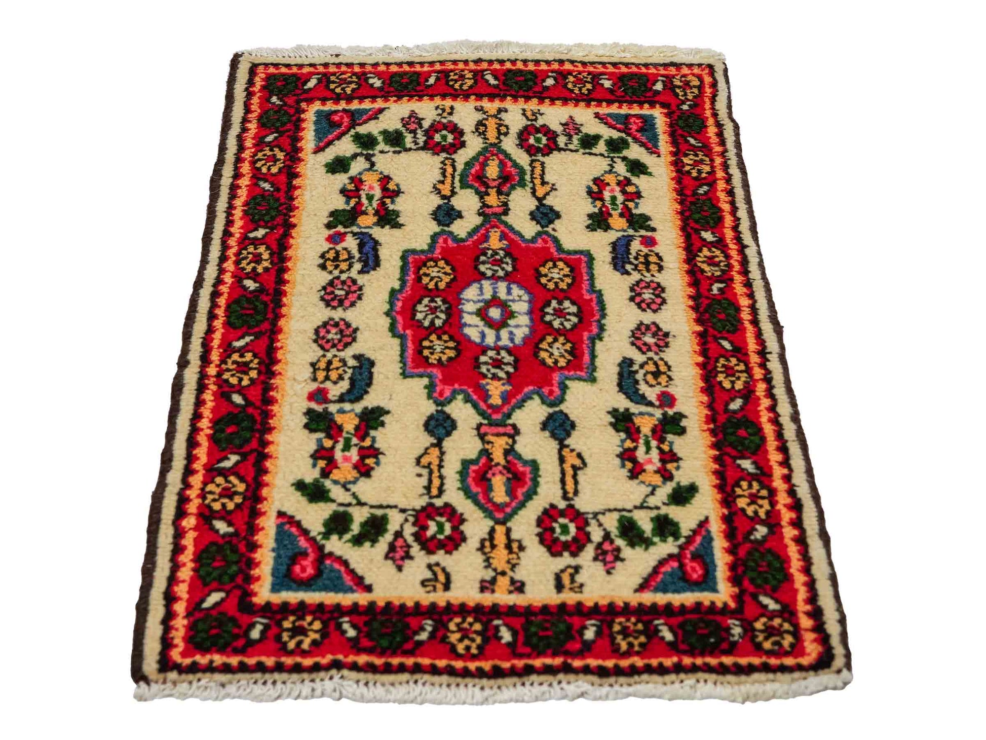 Handgeknüpfter, persischer Hamedan Dorfteppich aus Wolle von Khademi. Größe: 75 x 53 cm. Farbe: Cremeweiß, rot. Verkauf durch JUPITER Intl.