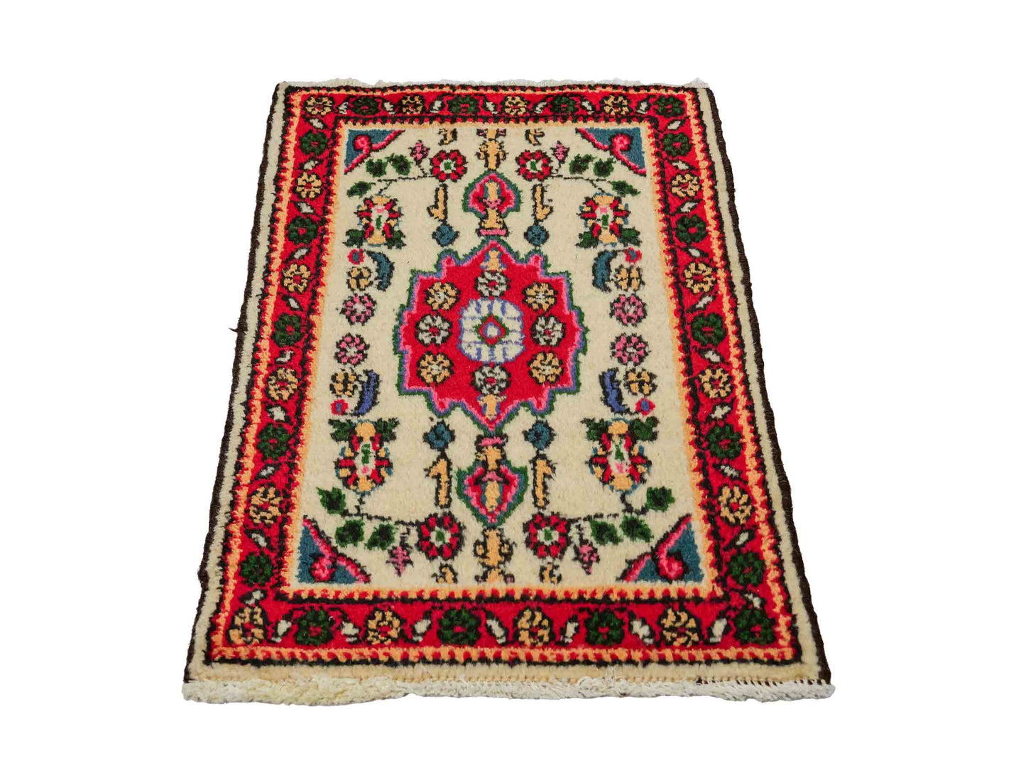 Handgeknüpfter, persischer Hamedan Dorfteppich aus Wolle von Khademi. Größe: 75 x 53 cm. Farbe: Cremeweiß, rot. Verkauf durch JUPITER Intl.