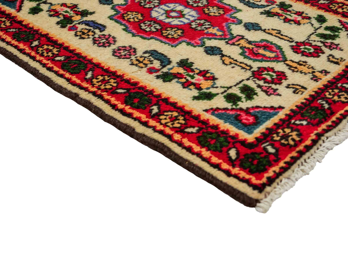 Handgeknüpfter, persischer Hamedan Dorfteppich aus Wolle von Khademi. Größe: 75 x 53 cm. Farbe: Cremeweiß, rot. Verkauf durch JUPITER Intl.
