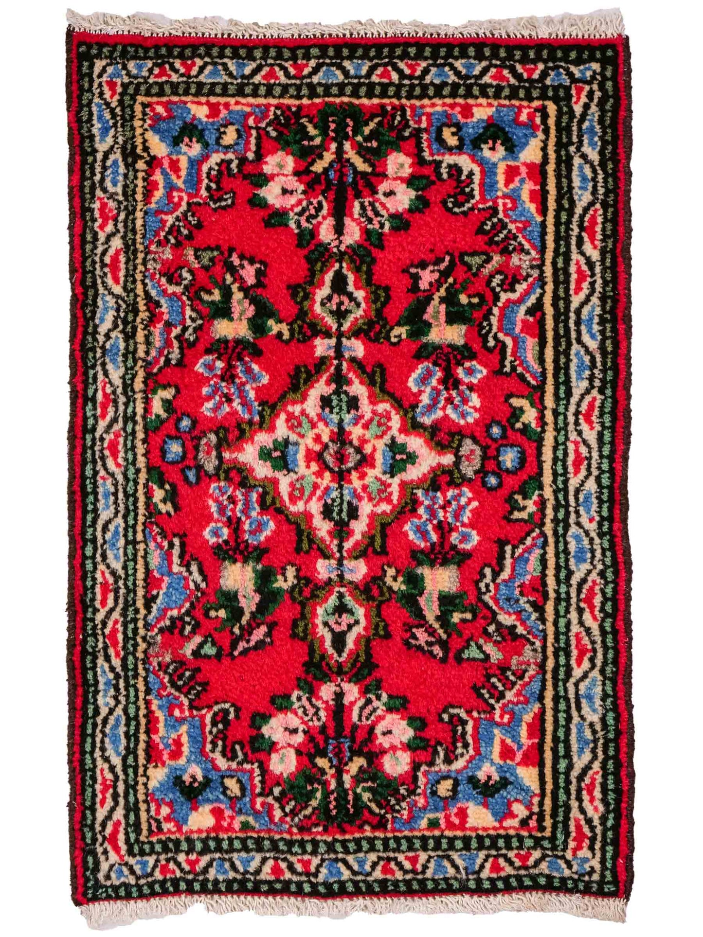 Handgeknüpfter, persischer Hamedan Dorfteppich aus Wolle von Khademi. Größe: 77 x 51 cm. Farbe: Rot. Verkauf durch JUPITER Intl.