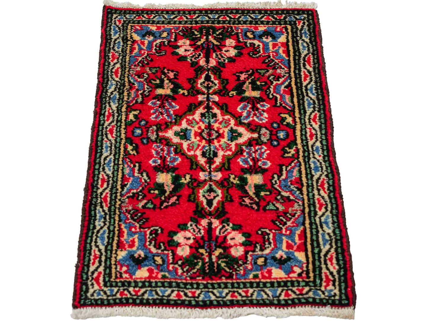 Handgeknüpfter, persischer Hamedan Dorfteppich aus Wolle von Khademi. Größe: 77 x 51 cm. Farbe: Rot. Verkauf durch JUPITER Intl.