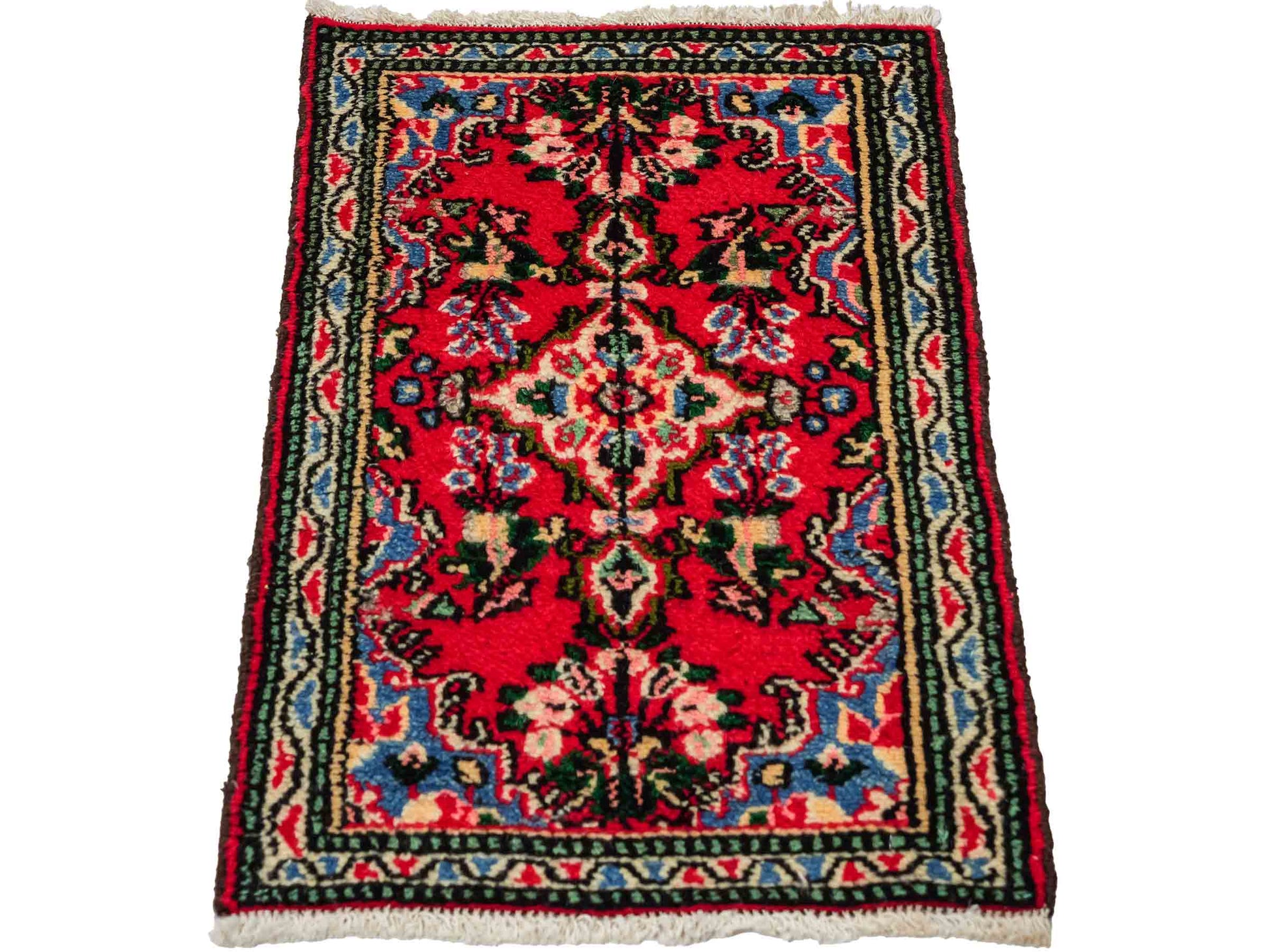 Handgeknüpfter, persischer Hamedan Dorfteppich aus Wolle von Khademi. Größe: 77 x 51 cm. Farbe: Rot. Verkauf durch JUPITER Intl.