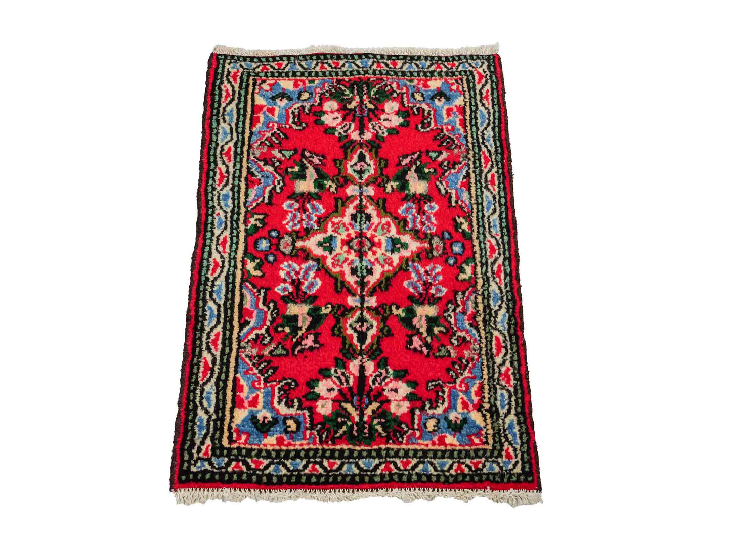 Handgeknüpfter, persischer Hamedan Dorfteppich aus Wolle von Khademi. Größe: 77 x 51 cm. Farbe: Rot. Verkauf durch JUPITER Intl.