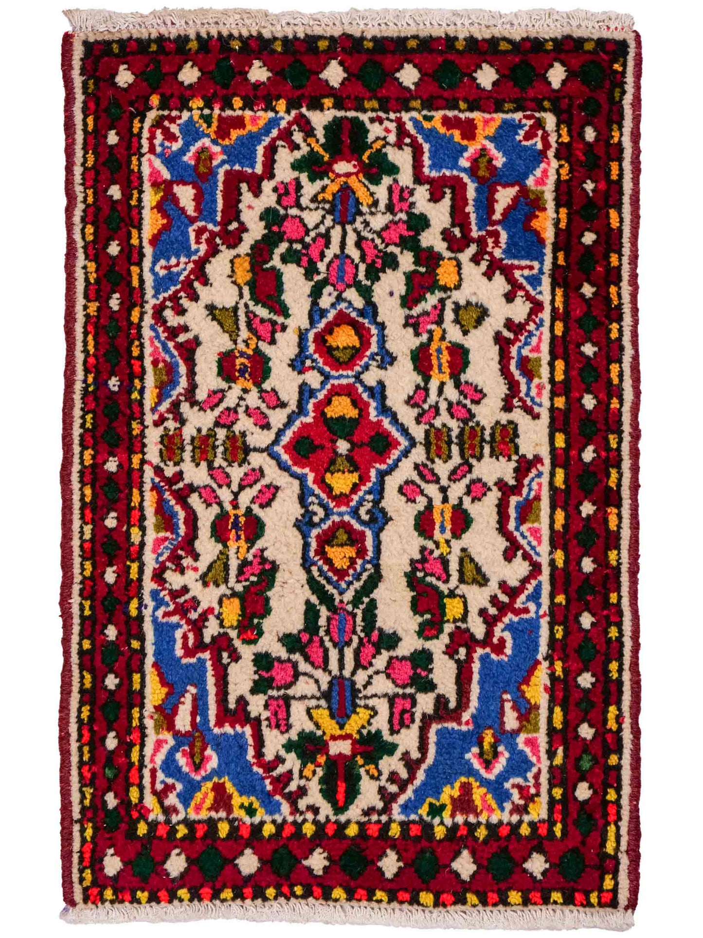 Handgeknüpfter, persischer Hamedan Dorfteppich aus Wolle von Khademi. Größe: 77 x 54 cm. Farbe: Cremeweiß, rot. Verkauf durch JUPITER Intl.