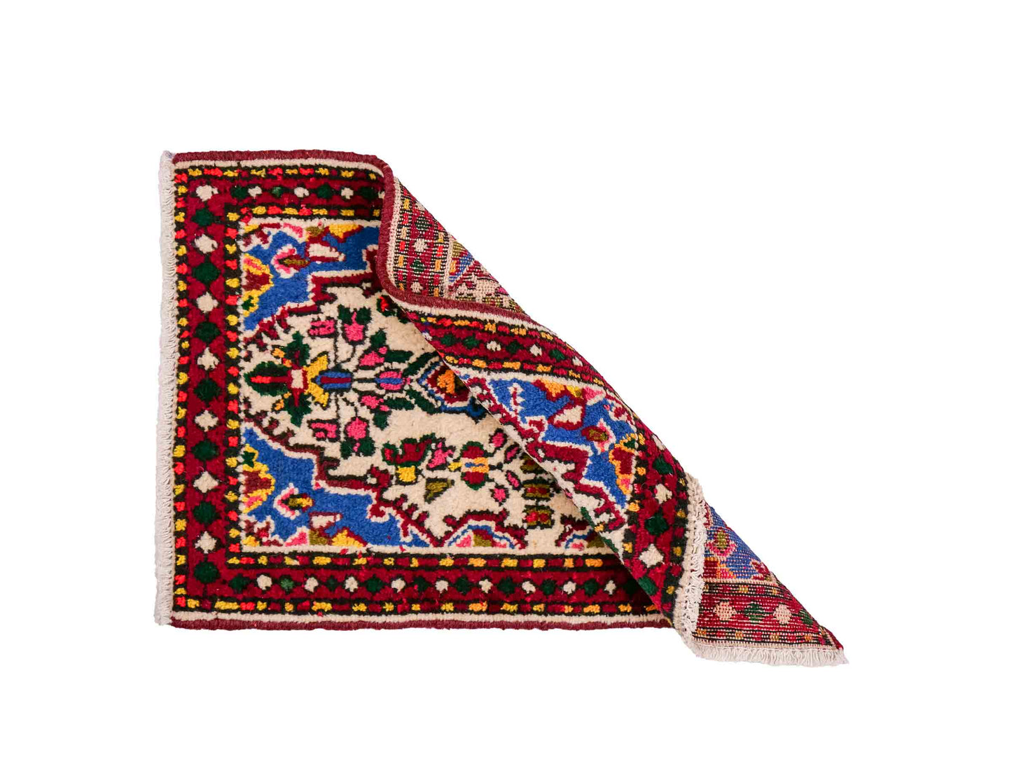 Handgeknüpfter, persischer Hamedan Dorfteppich aus Wolle von Khademi. Größe: 77 x 54 cm. Farbe: Cremeweiß, rot. Verkauf durch JUPITER Intl.