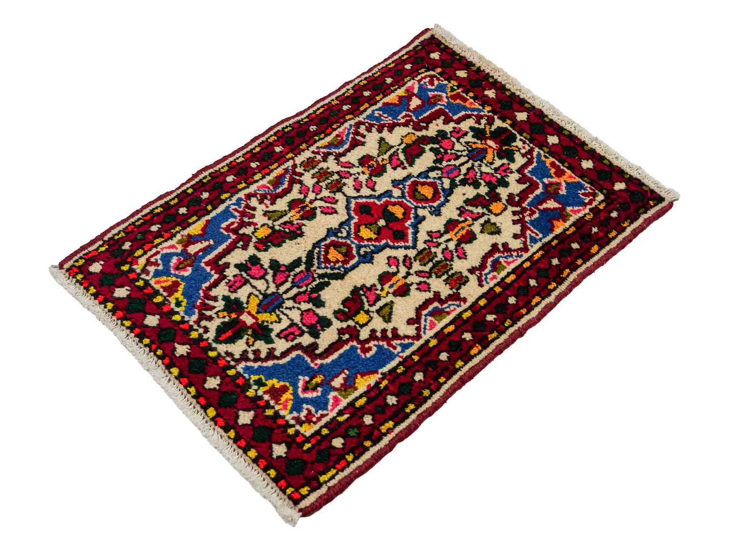 Handgeknüpfter, persischer Hamedan Dorfteppich aus Wolle von Khademi. Größe: 77 x 54 cm. Farbe: Cremeweiß, rot. Verkauf durch JUPITER Intl.