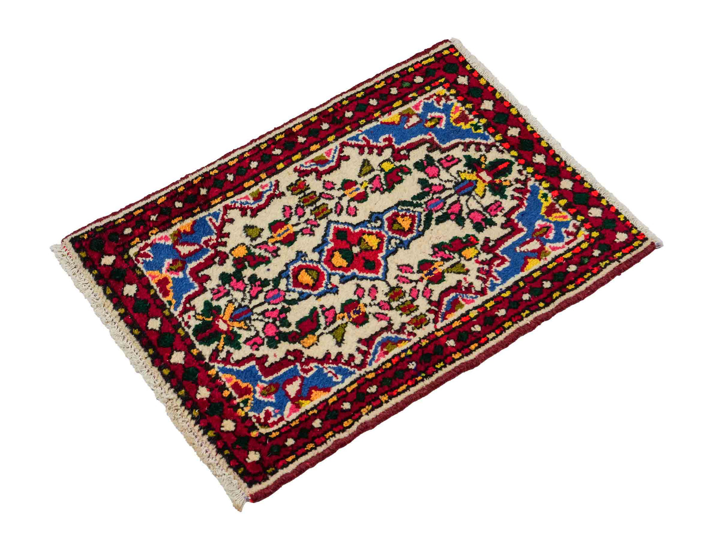 Handgeknüpfter, persischer Hamedan Dorfteppich aus Wolle von Khademi. Größe: 77 x 54 cm. Farbe: Cremeweiß, rot. Verkauf durch JUPITER Intl.