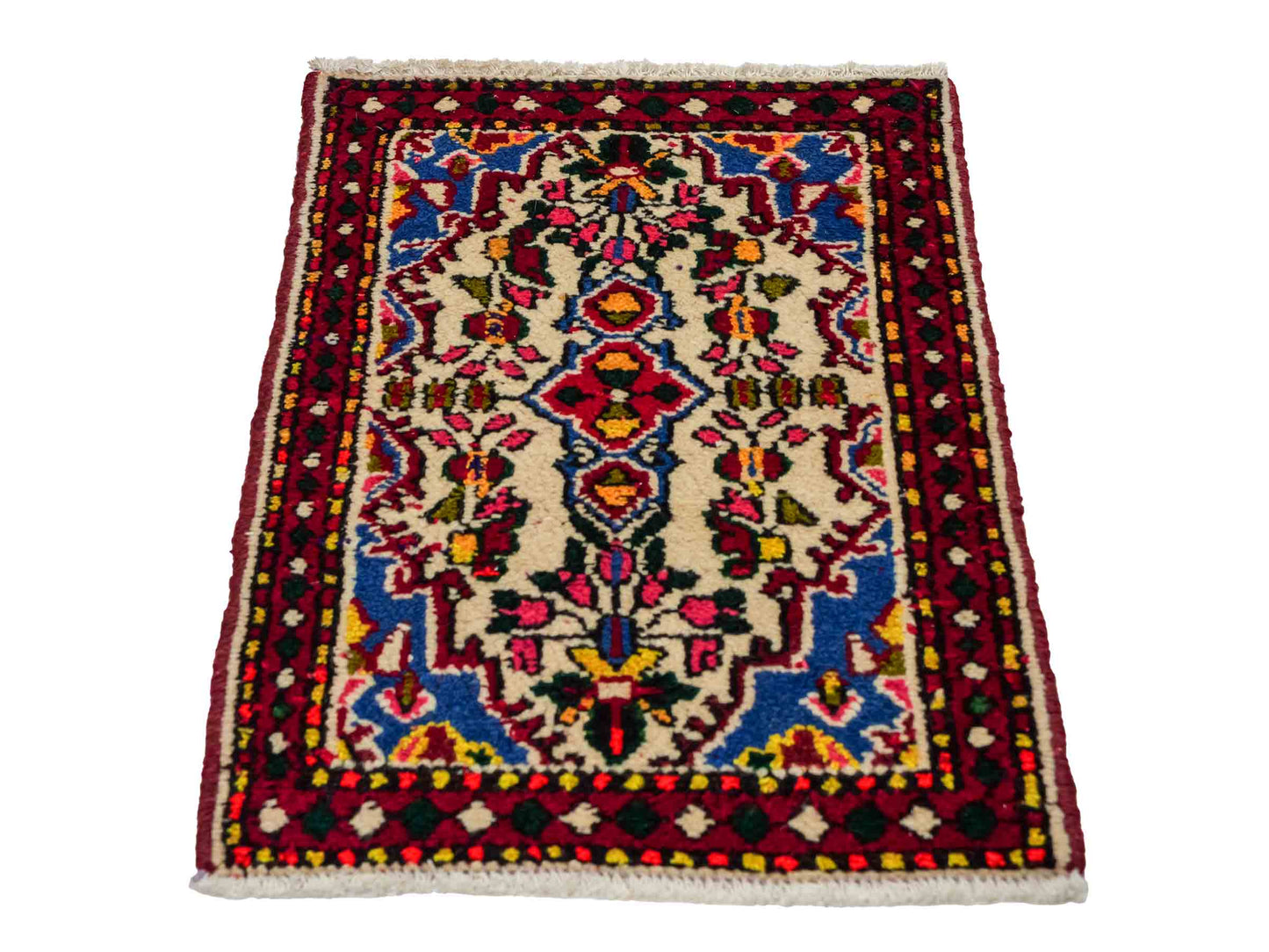 Handgeknüpfter, persischer Hamedan Dorfteppich aus Wolle von Khademi. Größe: 77 x 54 cm. Farbe: Cremeweiß, rot. Verkauf durch JUPITER Intl.