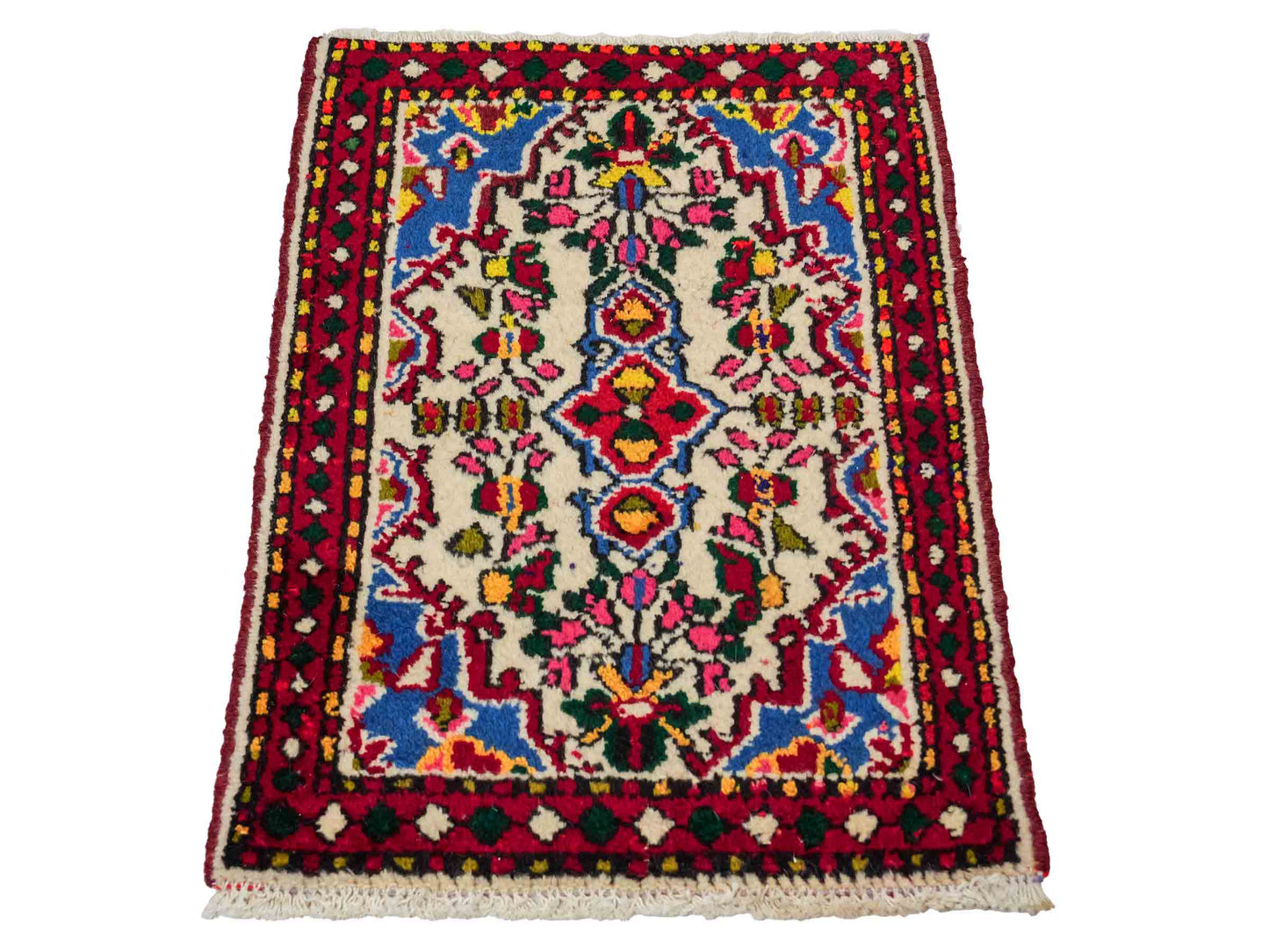 Handgeknüpfter, persischer Hamedan Dorfteppich aus Wolle von Khademi. Größe: 77 x 54 cm. Farbe: Cremeweiß, rot. Verkauf durch JUPITER Intl.