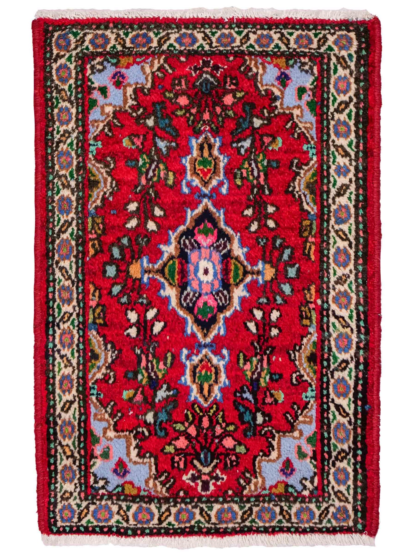 Handgeknüpfter, persischer Hamedan Dorfteppich aus Wolle von Khademi. Größe: 78 x 51 cm. Farbe: Rot. Verkauf durch JUPITER Intl.