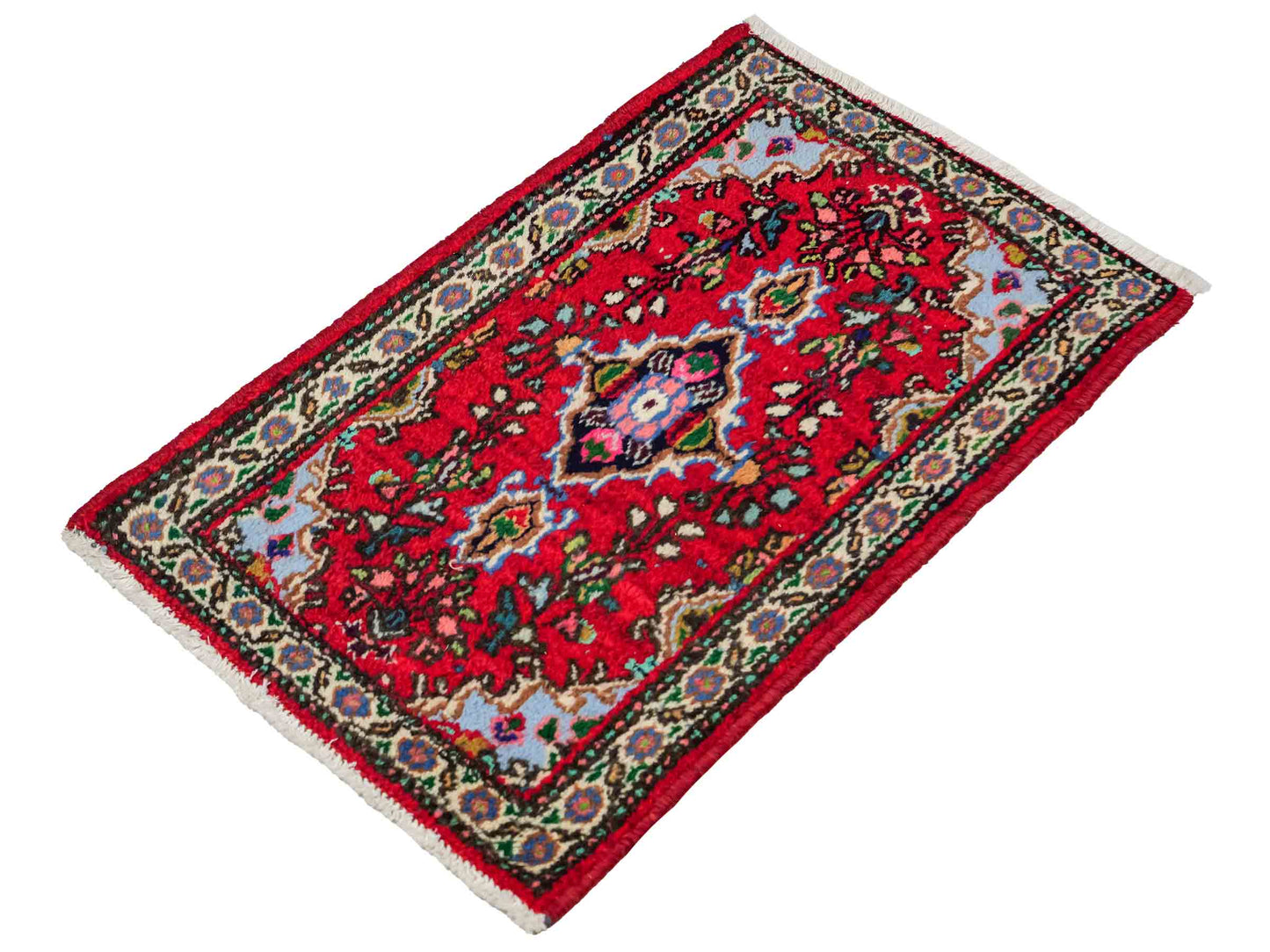 Handgeknüpfter, persischer Hamedan Dorfteppich aus Wolle von Khademi. Größe: 78 x 51 cm. Farbe: Rot. Verkauf durch JUPITER Intl.