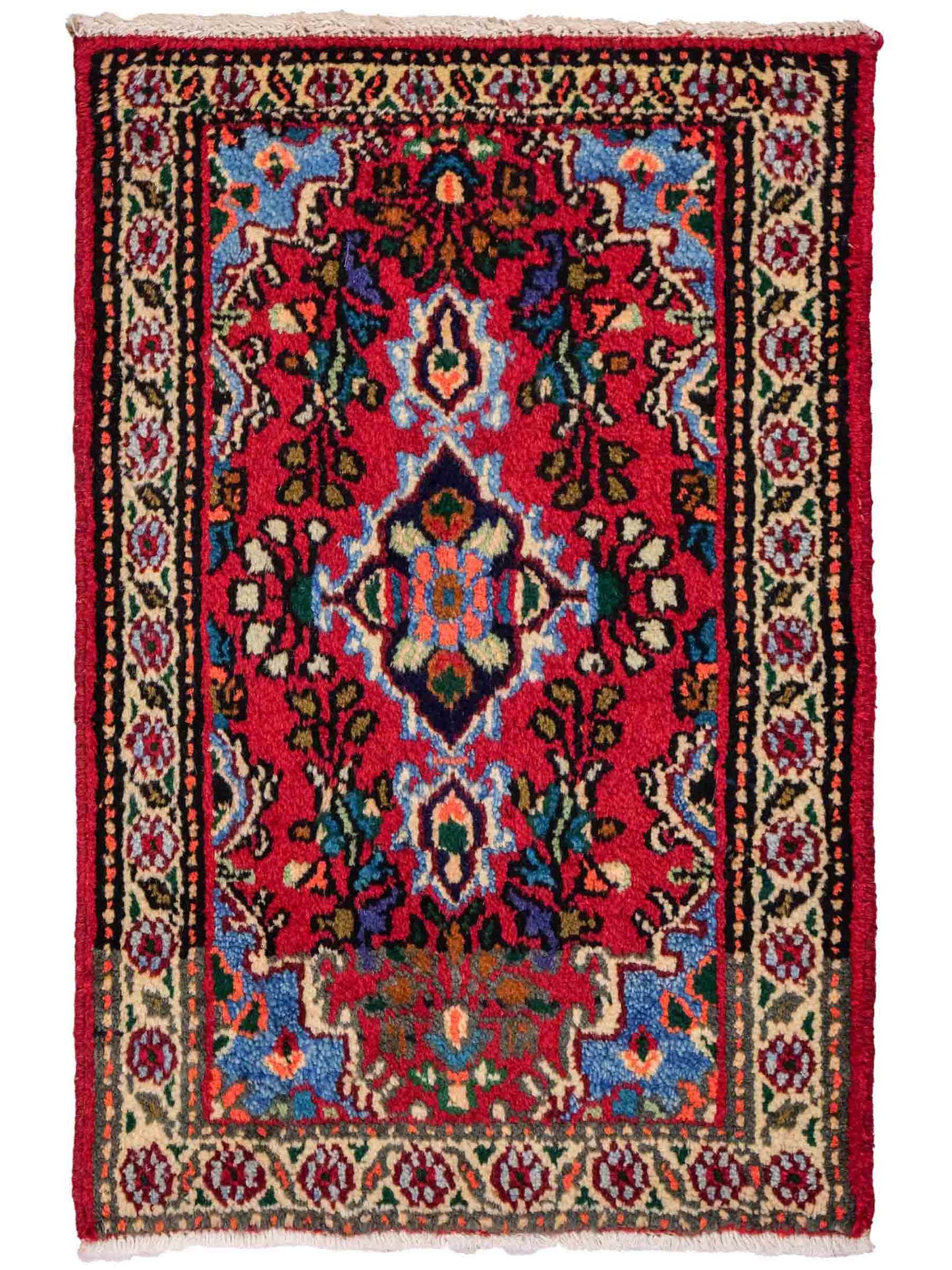 Handgeknüpfter, persischer Hamedan Dorfteppich aus Wolle von Khademi. Größe: 78 x 53 cm. Farbe: Rot. Verkauf durch JUPITER Intl.