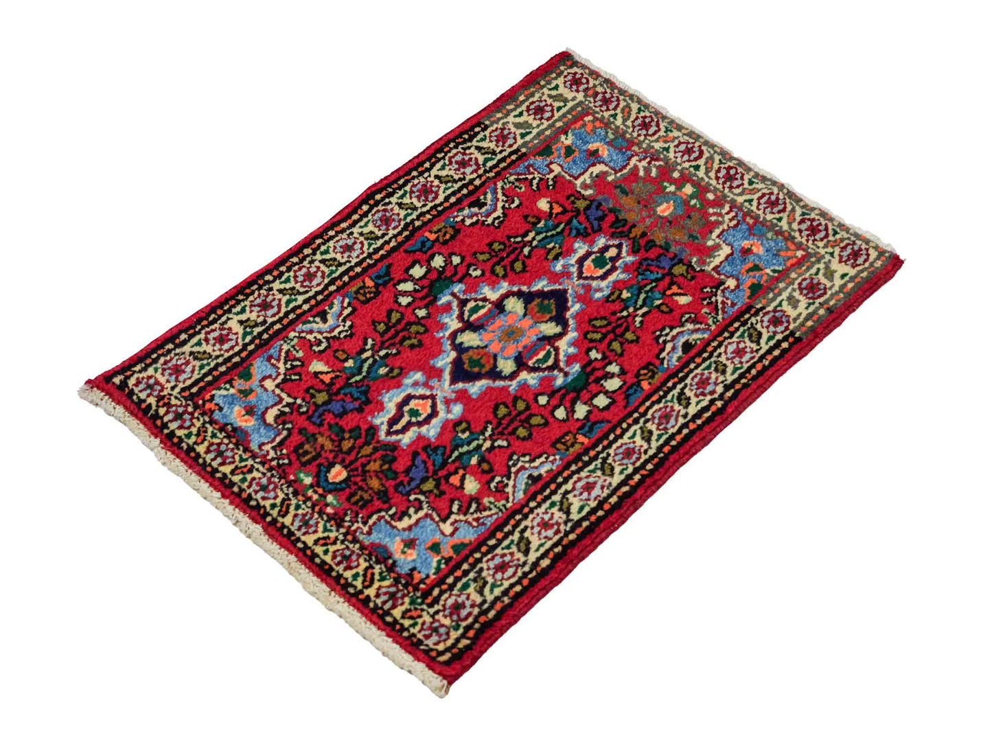 Handgeknüpfter, persischer Hamedan Dorfteppich aus Wolle von Khademi. Größe: 78 x 53 cm. Farbe: Rot. Verkauf durch JUPITER Intl.