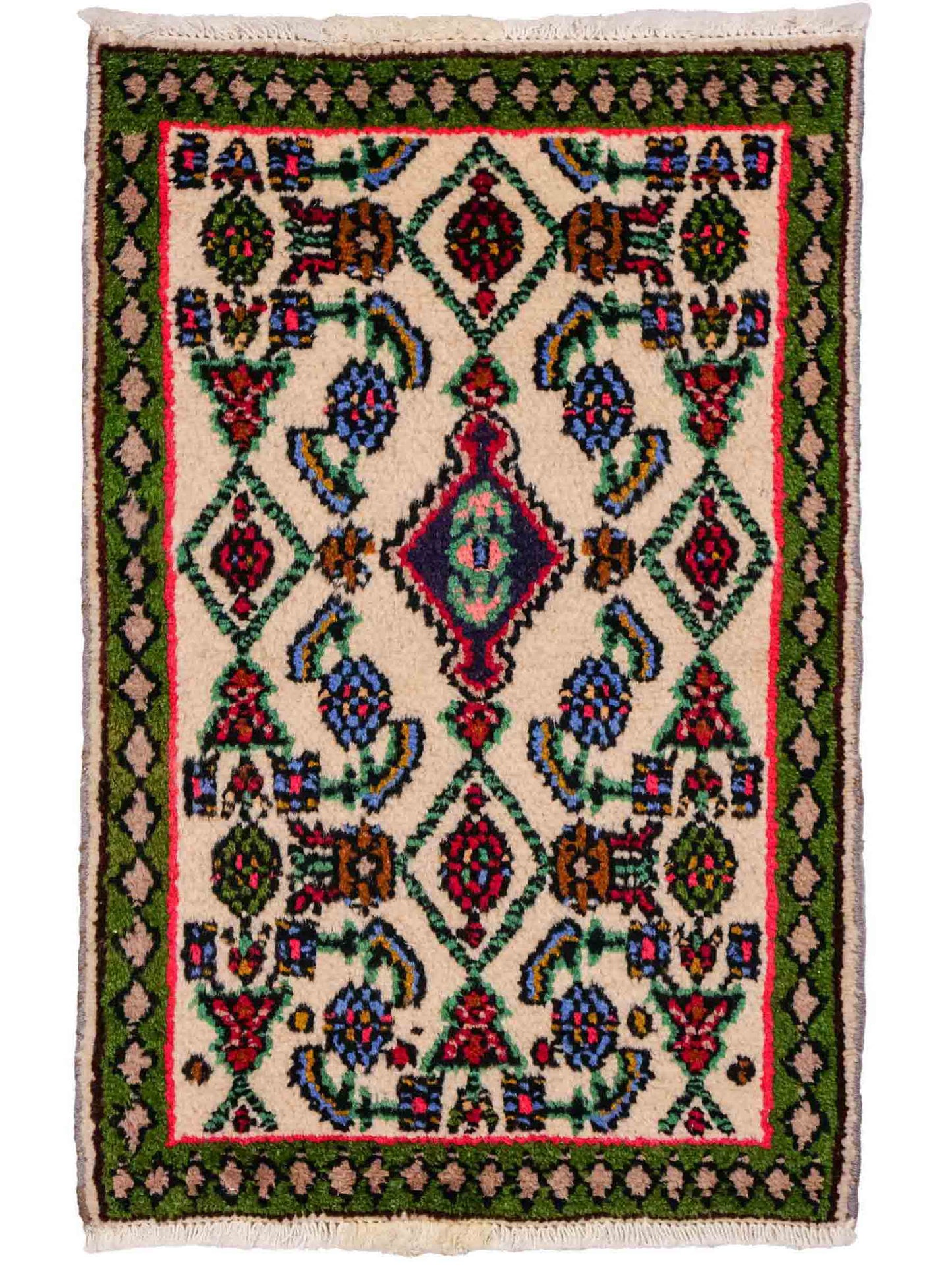 Handgeknüpfter, persischer Hamedan Dorfteppich aus Wolle von Khademi. Größe: 80 x 52 cm. Farbe: Cremeweiß, grün. Verkauf durch JUPITER Intl.