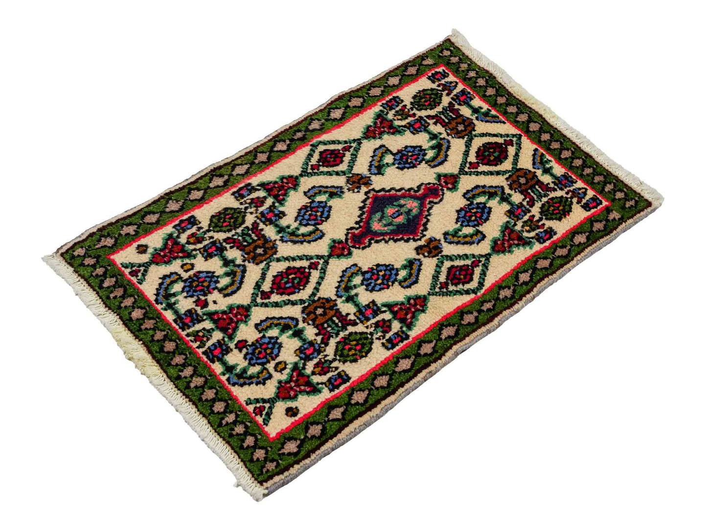 Handgeknüpfter, persischer Hamedan Dorfteppich aus Wolle von Khademi. Größe: 80 x 52 cm. Farbe: Cremeweiß, grün. Verkauf durch JUPITER Intl.