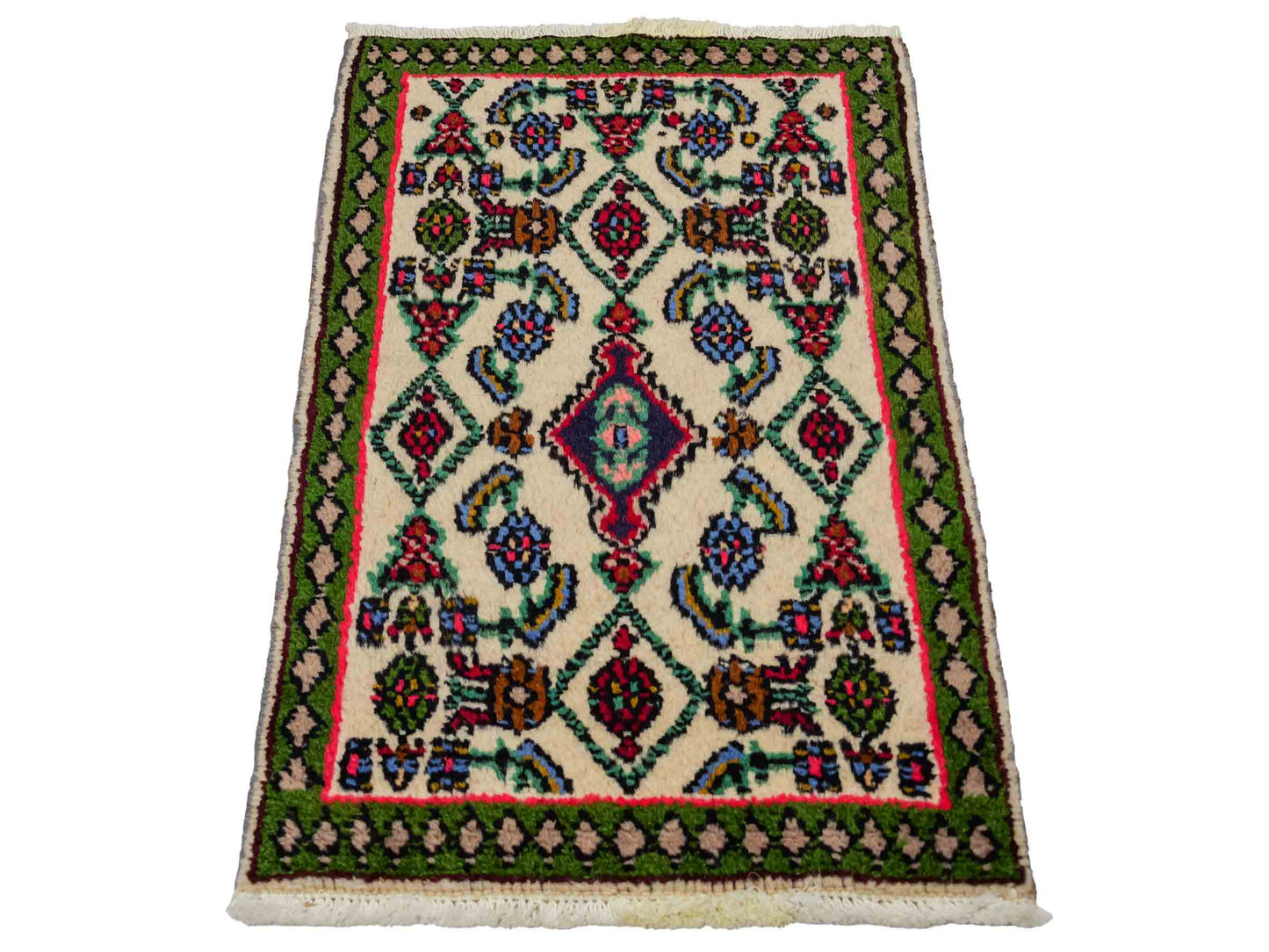 Handgeknüpfter, persischer Hamedan Dorfteppich aus Wolle von Khademi. Größe: 80 x 52 cm. Farbe: Cremeweiß, grün. Verkauf durch JUPITER Intl.
