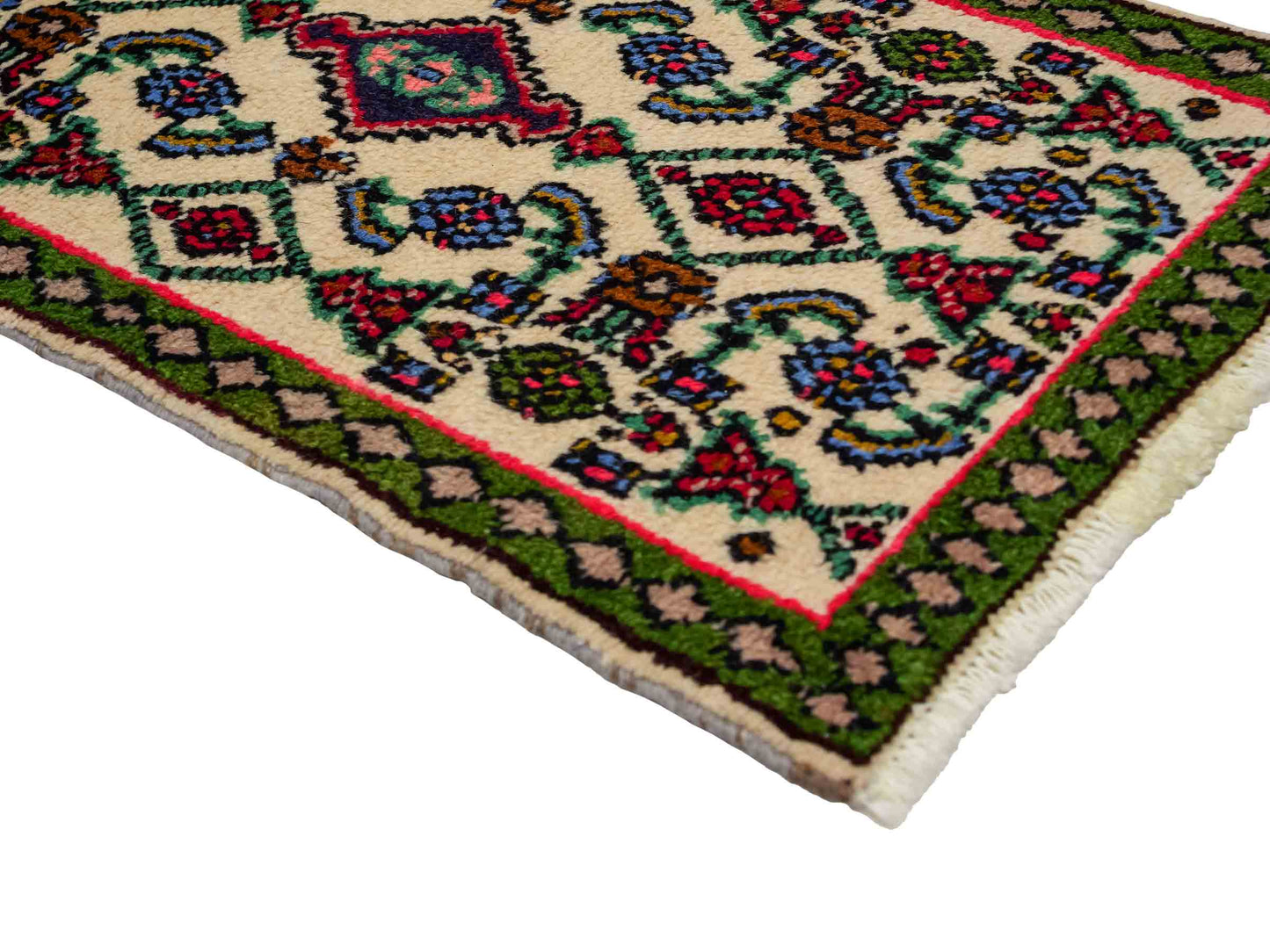 Handgeknüpfter, persischer Hamedan Dorfteppich aus Wolle von Khademi. Größe: 80 x 52 cm. Farbe: Cremeweiß, grün. Verkauf durch JUPITER Intl.