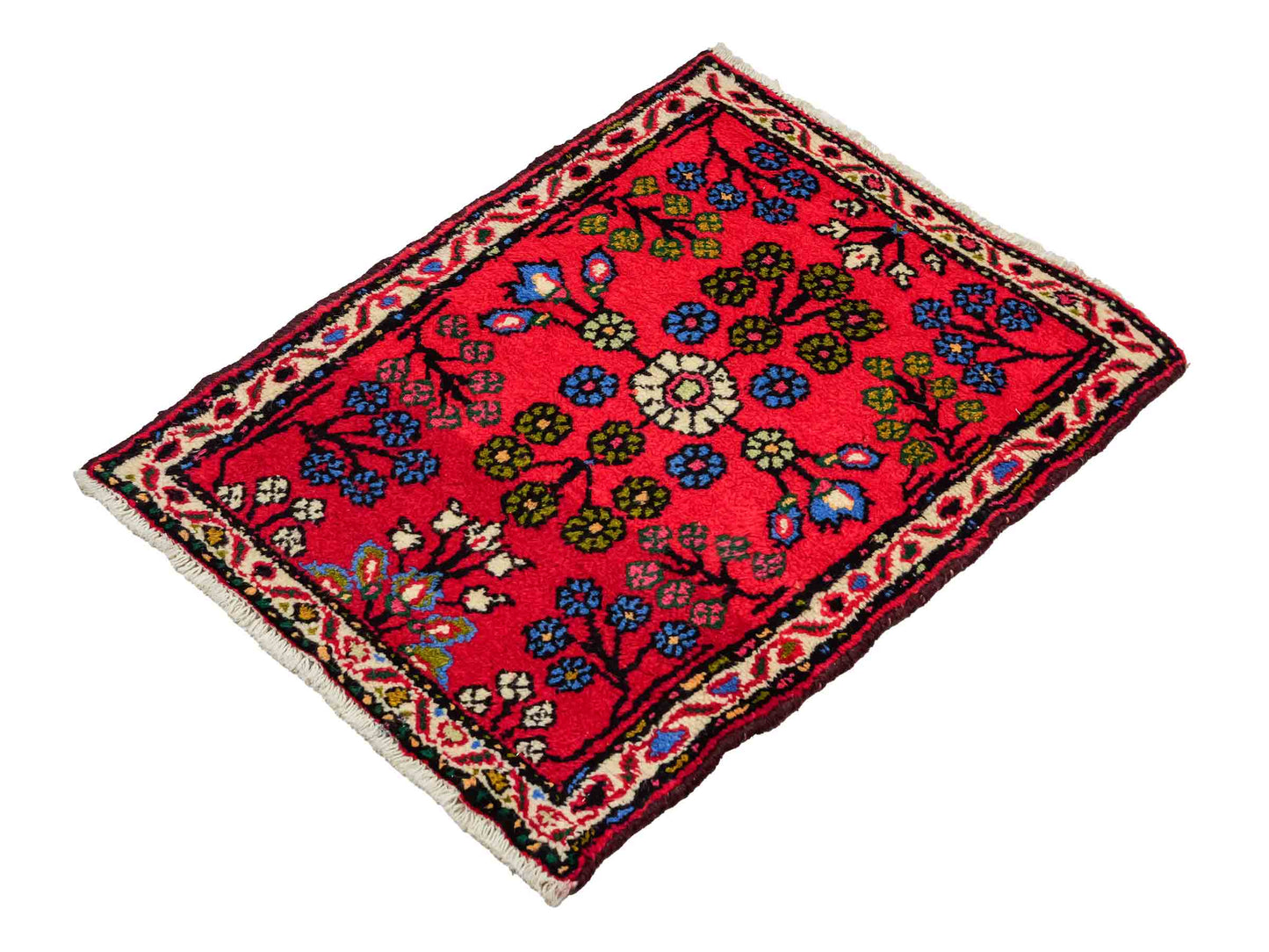 Handgeknüpfter, persischer Hamedan Dorfteppich aus Wolle von Khademi. Größe: 80 x 60 cm. Farbe: Rot. Verkauf durch JUPITER Intl.