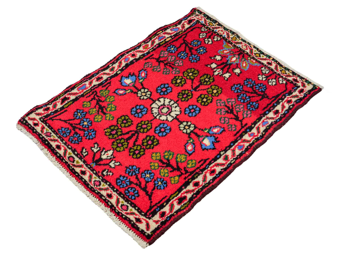 Handgeknüpfter, persischer Hamedan Dorfteppich aus Wolle von Khademi. Größe: 80 x 60 cm. Farbe: Rot. Verkauf durch JUPITER Intl.