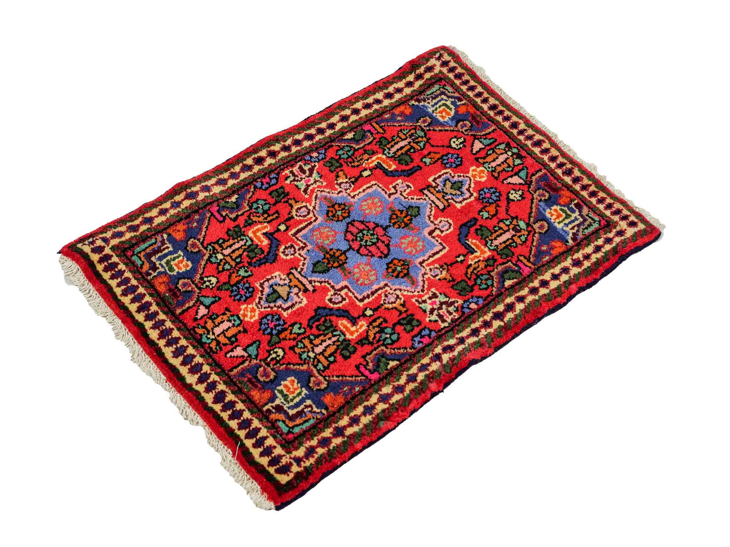 Handgeknüpfter, persischer Hamedan Dorfteppich aus Wolle von Khademi. Größe: 81 x 55 cm. Farbe: Rot. Verkauf durch JUPITER Intl.