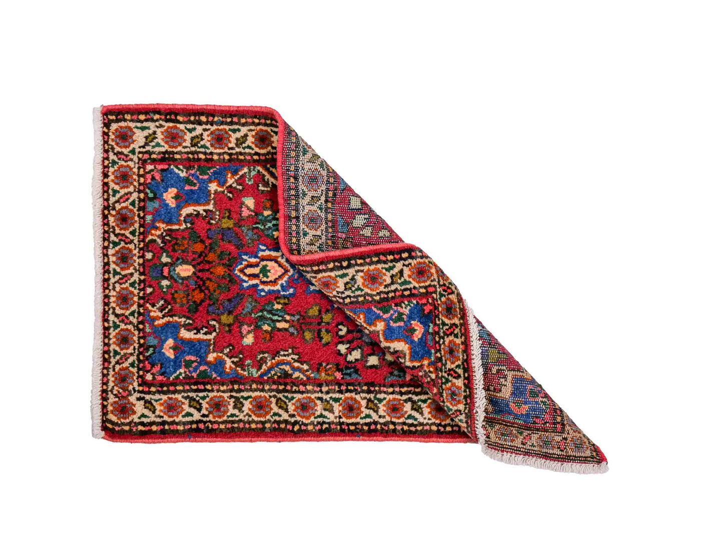 Handgeknüpfter, persischer Hamedan Dorfteppich aus Wolle von Khademi. Größe: 82 x 55 cm. Farbe: Rot. Verkauf durch JUPITER Intl.