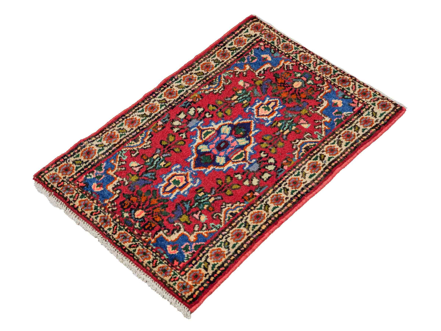 Handgeknüpfter, persischer Hamedan Dorfteppich aus Wolle von Khademi. Größe: 82 x 55 cm. Farbe: Rot. Verkauf durch JUPITER Intl.