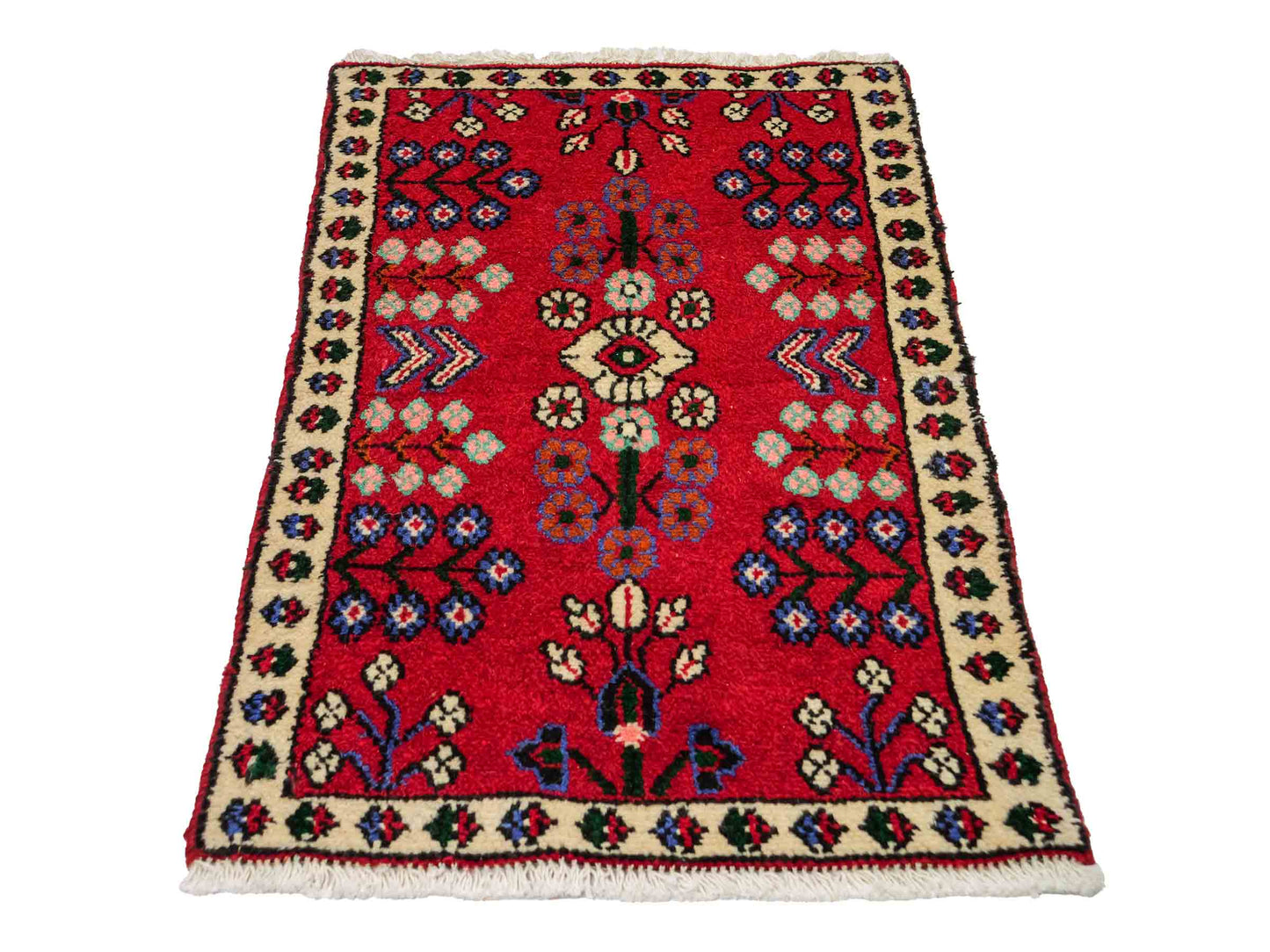 Handgeknüpfter, persischer Hamedan Dorfteppich aus Wolle von Khademi. Größe: 83 x 55 cm. Farbe: Rot. Verkauf durch JUPITER Intl.