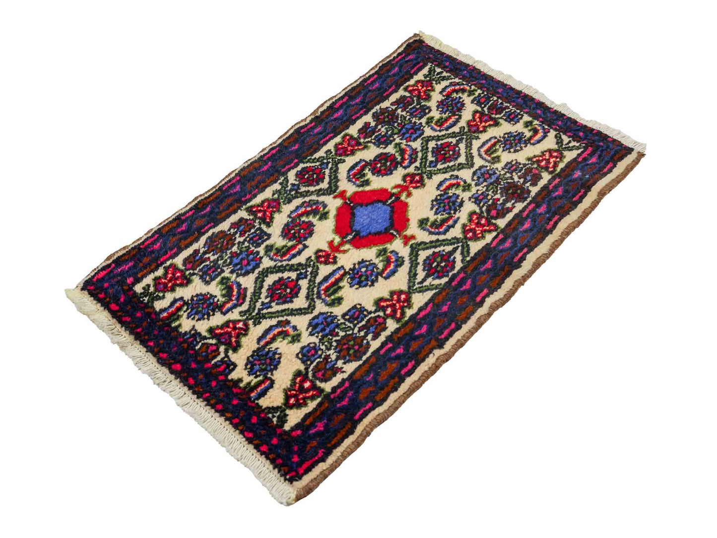 Handgeknüpfter, persischer Hamedan Dorfteppich aus Wolle von Khademi. Größe: 87 x 54 cm. Farbe: Cremeweiß, blau. Verkauf durch JUPITER Intl.