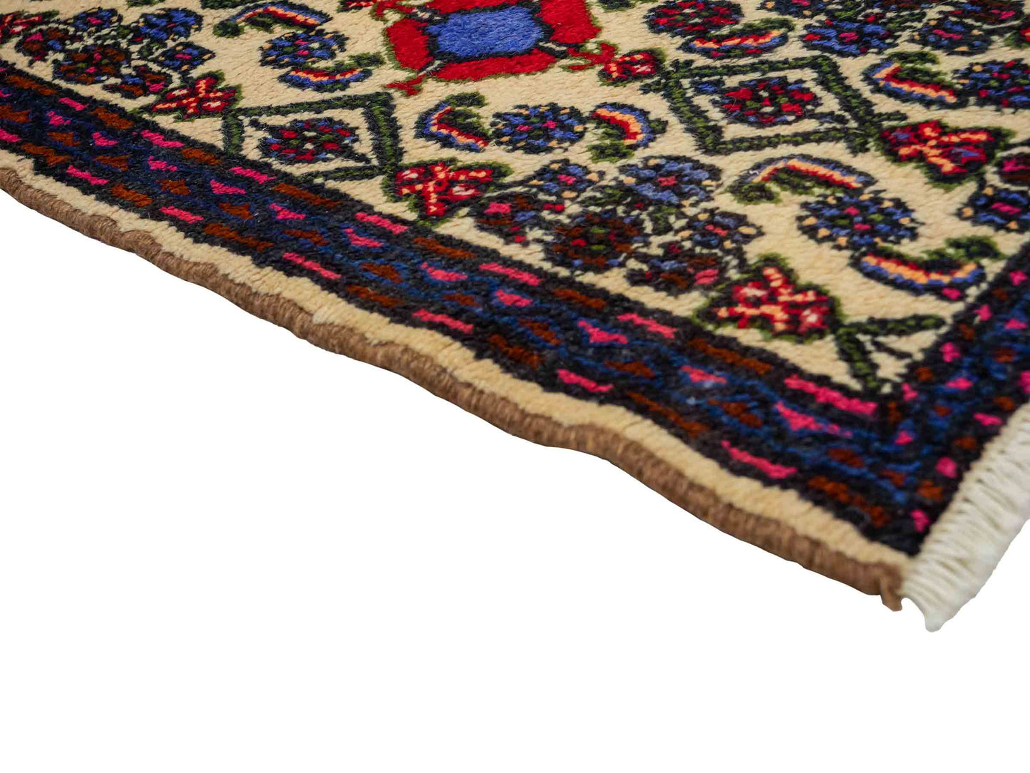 Handgeknüpfter, persischer Hamedan Dorfteppich aus Wolle von Khademi. Größe: 87 x 54 cm. Farbe: Cremeweiß, blau. Verkauf durch JUPITER Intl.