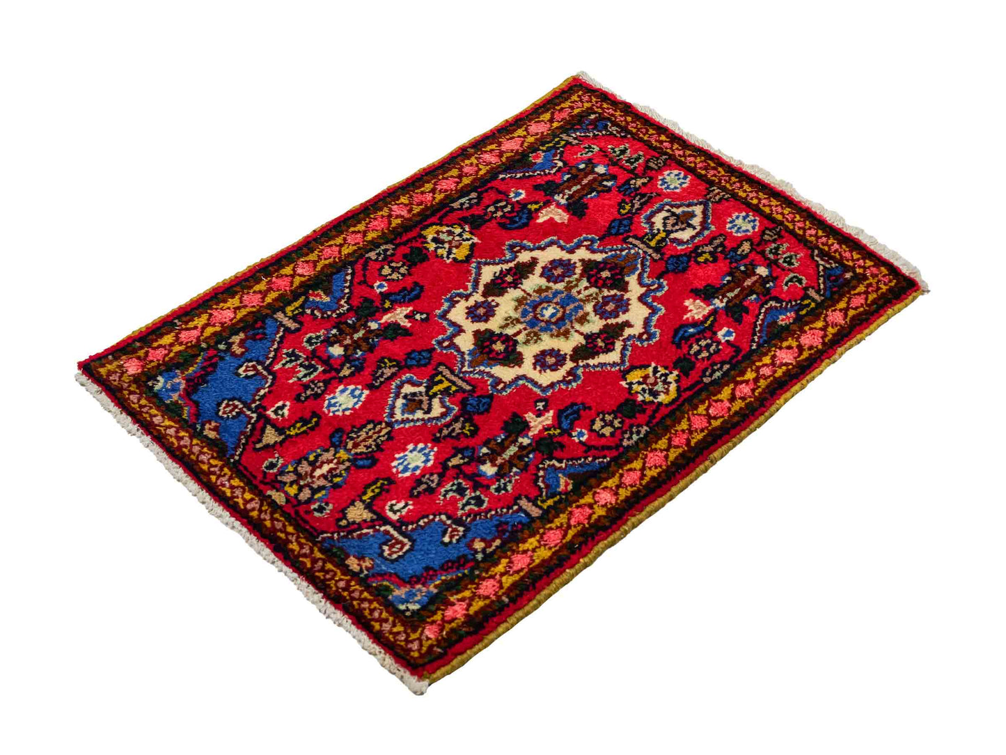 Handgeknüpfter, persischer Hamedan Dorfteppich aus Wolle von Khademi. Größe: 87 x 58 cm. Farbe: Rot. Verkauf durch JUPITER Intl.