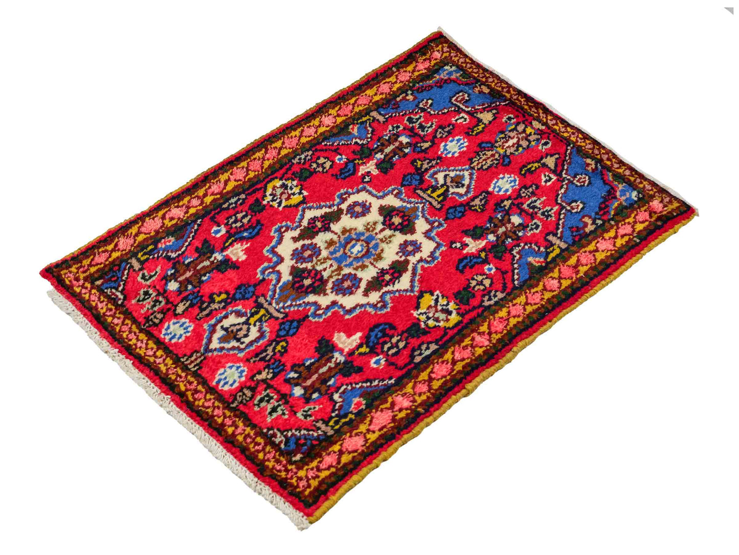 Handgeknüpfter, persischer Hamedan Dorfteppich aus Wolle von Khademi. Größe: 87 x 58 cm. Farbe: Rot. Verkauf durch JUPITER Intl.