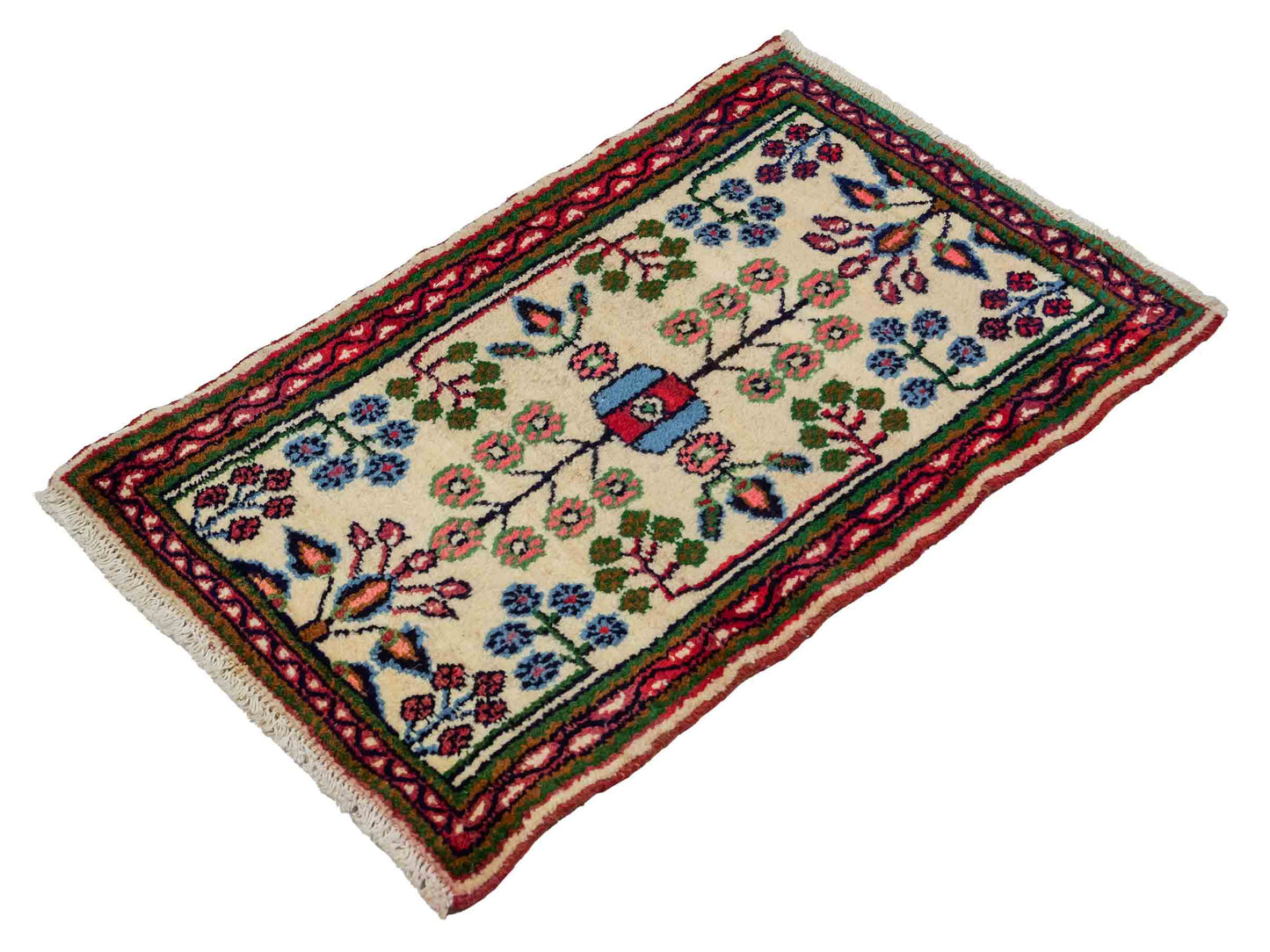Handgeknüpfter, persischer Hamedan Dorfteppich aus Wolle von Khademi. Größe: 88 x 54 cm. Farbe: Cremeweiß. Verkauf durch JUPITER Intl.
