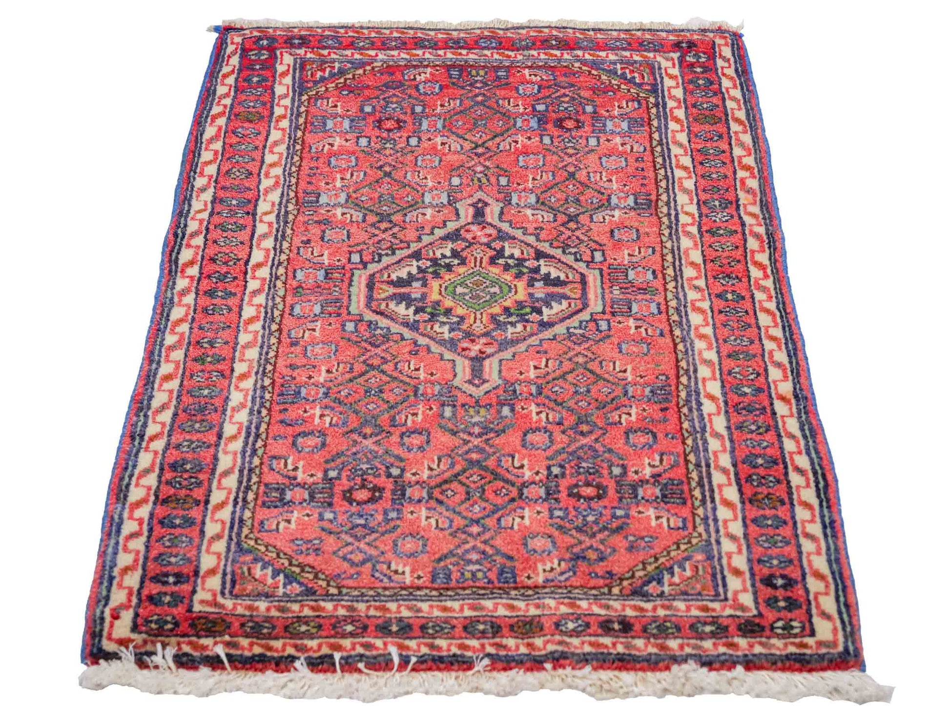 Handgeknüpfter, persischer Hamedan Dorfteppich aus Wolle von Khademi. Größe: 91 x 64 cm. Farbe: Rot. Verkauf durch JUPITER Intl.