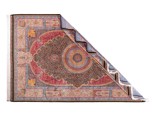 Ghom Maschinenteppich "Iraj" 300 x 200 cm aus pflanzlicher Seide (Viskose) mit Medaillon, Schwarz, Cremeweiß. Teppichnummer: V47BC600H. Persian Luxury Collection by Khademi. Made in Iran / Persia – Vertrieb durch JUPITER Intl.