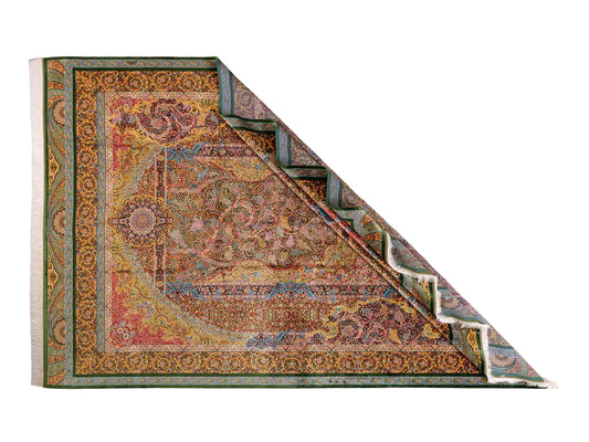 Ghom Maschinenteppich "Mehrab" 300 x 200 cm aus pflanzlicher Seide (Viskose) mit Paradies-Lebensbaum, Grün. Teppichnummer: V62MG600H. Persian Luxury Collection by Khademi. Made in Iran / Persia – Vertrieb durch JUPITER Intl.