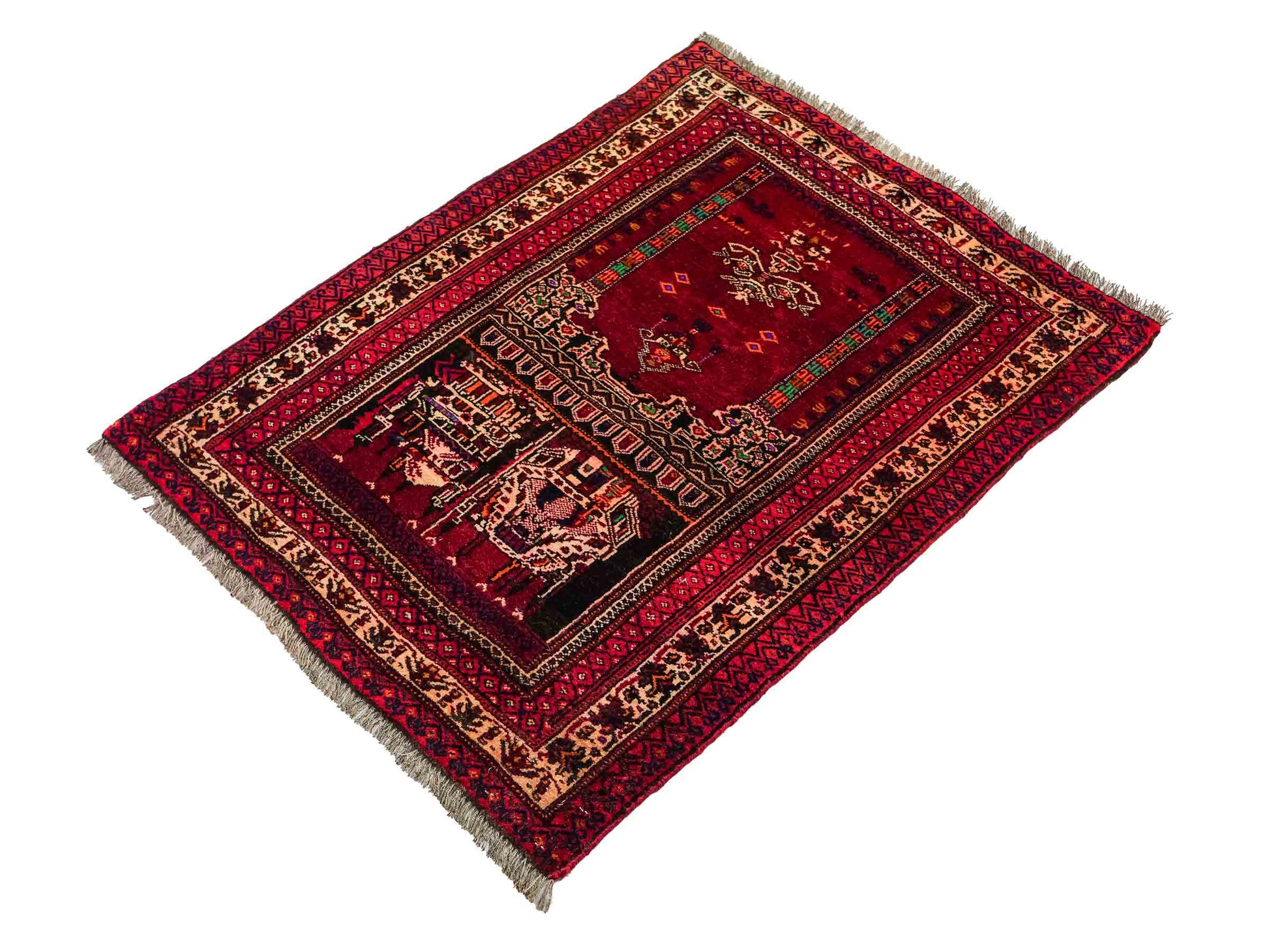 Antiker, handgeknüpfter, afghanischer Belutsch Nomadenteppich aus Wolle von Khademi. Größe: 100 x 76 cm. Farbe: Rot Verkauf durch JUPITER Intl.
