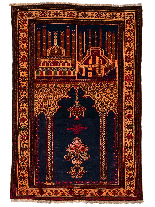 Antiker, handgeknüpfter, afghanischer Belutsch Nomadenteppich aus Wolle von Khademi. Größe: 107 x 71 cm. Farbe: Blau, beige, gold. Verkauf durch JUPITER Intl.