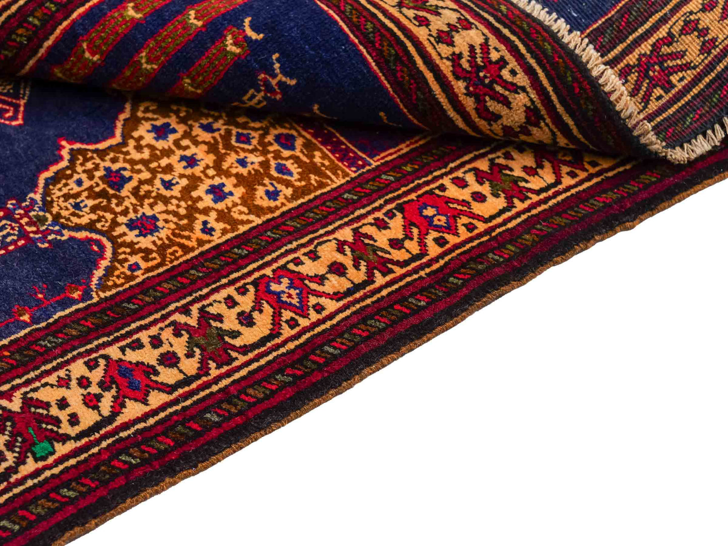 Antiker, handgeknüpfter, afghanischer Belutsch Nomadenteppich aus Wolle von Khademi. Größe: 107 x 71 cm. Farbe: Blau, beige, gold. Verkauf durch JUPITER Intl.