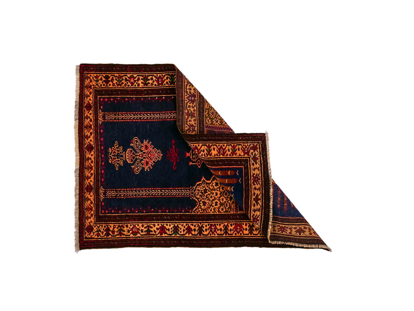 Antiker, handgeknüpfter, afghanischer Belutsch Nomadenteppich aus Wolle von Khademi. Größe: 107 x 71 cm. Farbe: Blau, beige, gold. Verkauf durch JUPITER Intl.