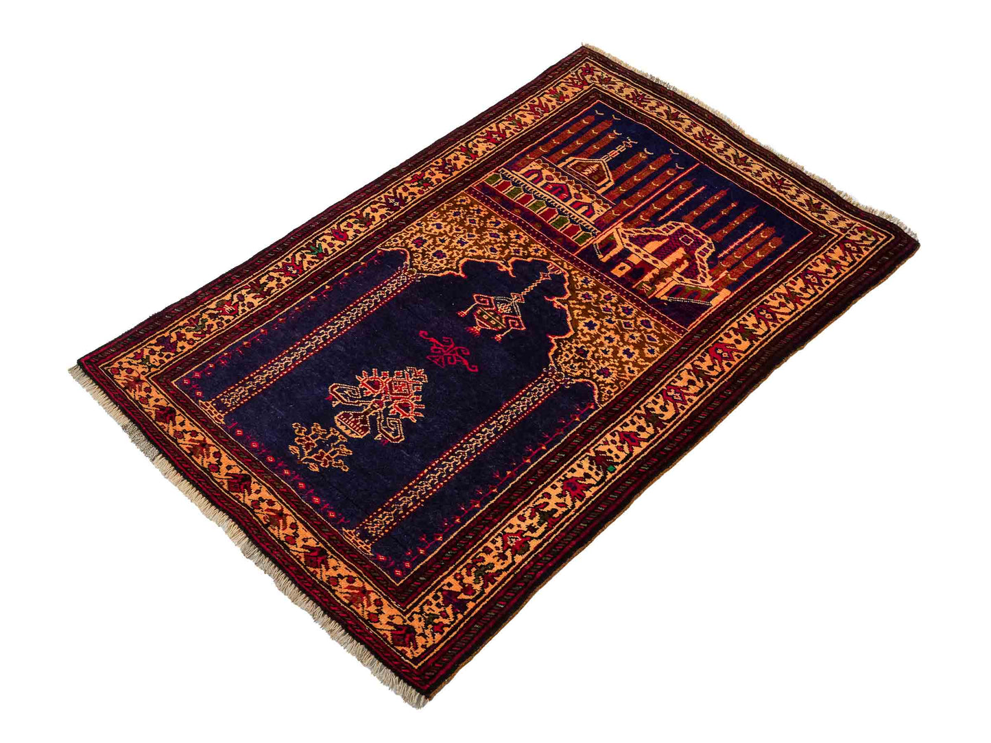 Antiker, handgeknüpfter, afghanischer Belutsch Nomadenteppich aus Wolle von Khademi. Größe: 107 x 71 cm. Farbe: Blau, beige, gold. Verkauf durch JUPITER Intl.